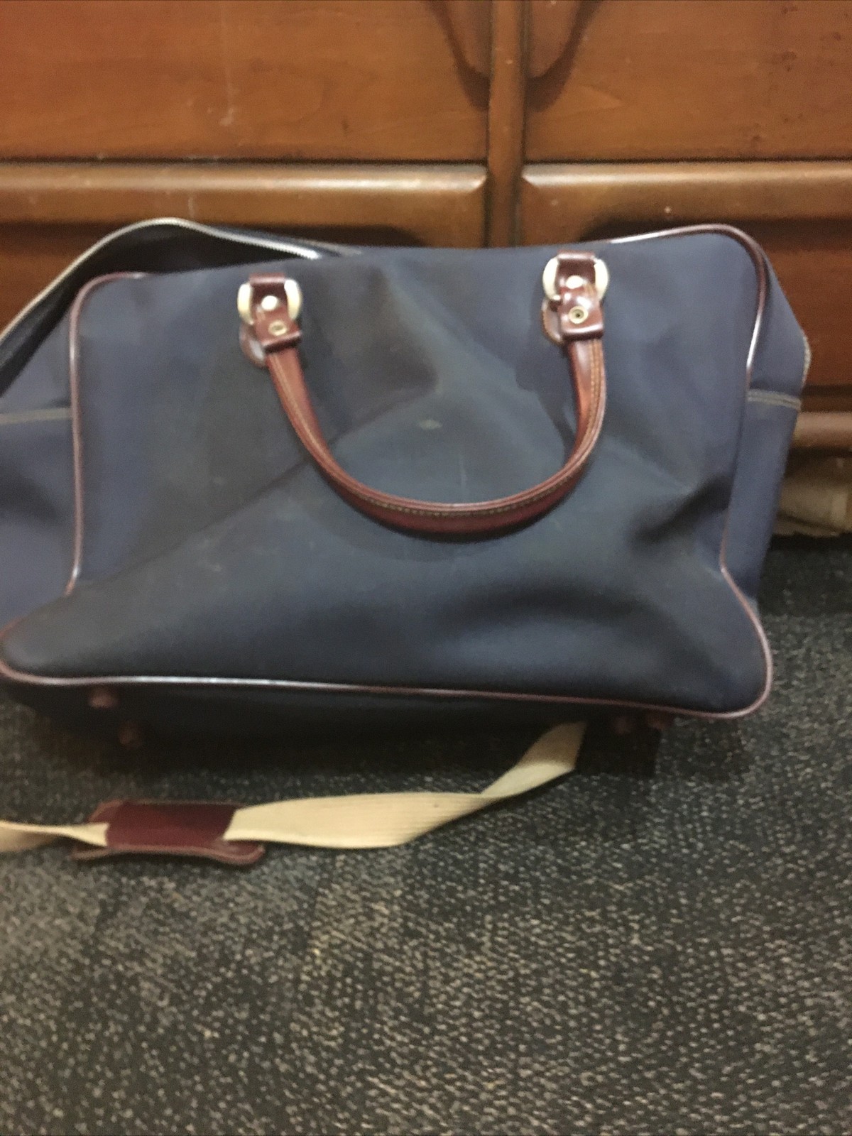 VTG Jaguar Weekender Shoulder Duffle Bag Navy Blue Leather Canvas Boho Y2K Retro