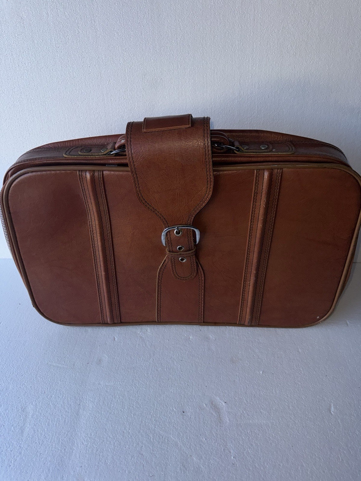 Vintage Brown Leather Suitcase Briefcase Carry-On Luggage w/ Straps