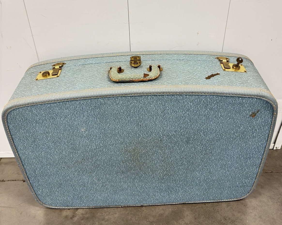 Vintage Jet Star Blue Suitcase Luggage w/ Pink Satin Interior Mid Century