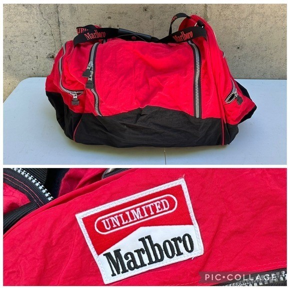 Vintage Marlboro Duffel Bag 90s Red Black Travel Gym Luggage Nylon Cigarettes