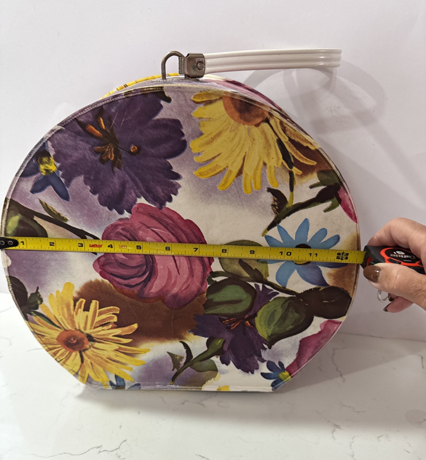 Vintage Vinyl Flowers Round Hat Box Travel Case Zipper Handle 1960s Vanity Tote