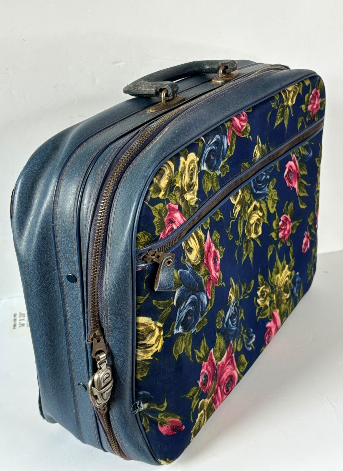 VTG MCM JAPAN*UNIQUE!!CABBAGE ROSE BLUE SOFT FABRIC SUITCASE LUGGAGE BAG 17″