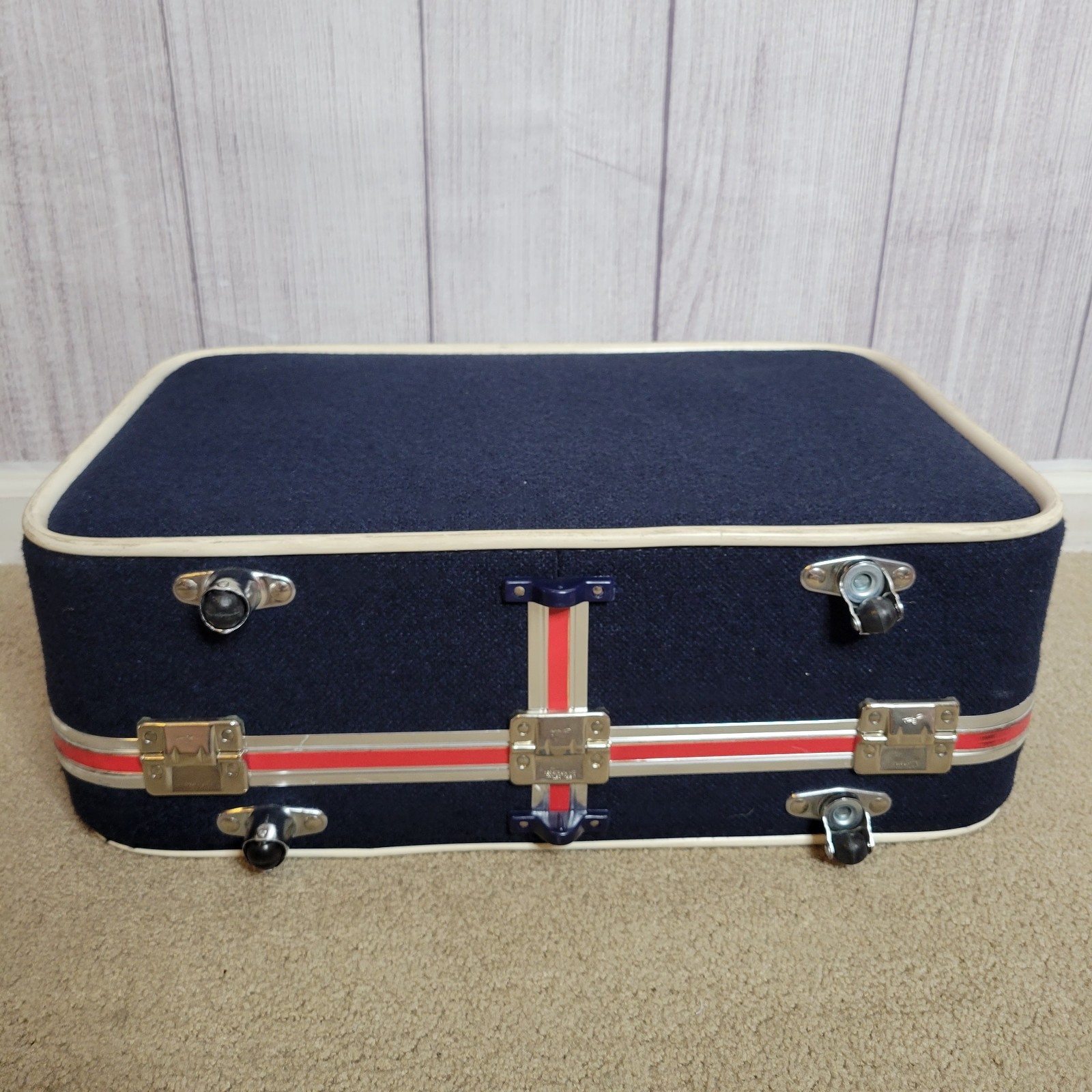 Vintage 60s 70s Skyway Luggage 2 Pc Set – Navy & Red Stripe Spinner Wheels Retro