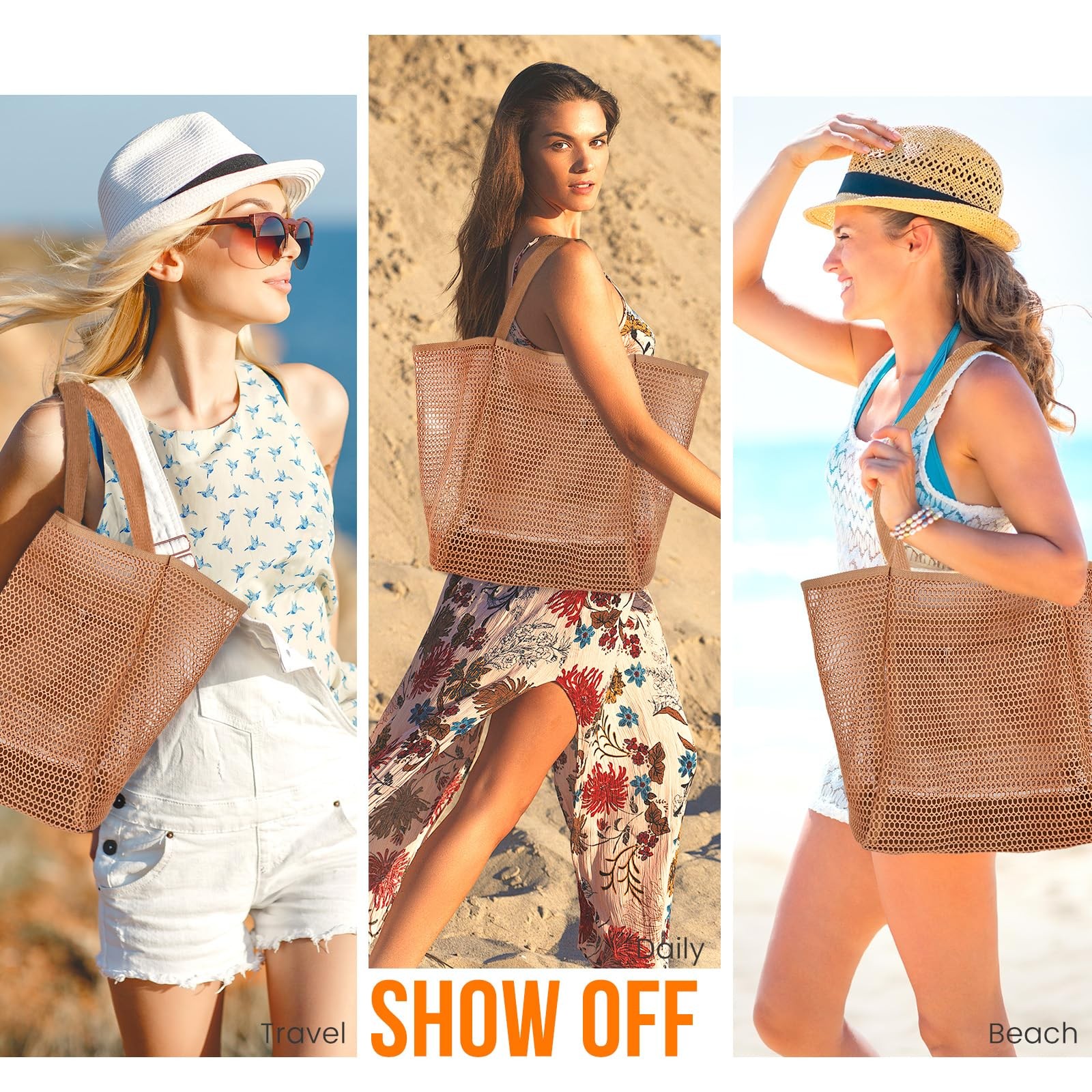 Hohom Beach Bags For Women Summer Travel Mesh Tote Bag Large Inner Pocket