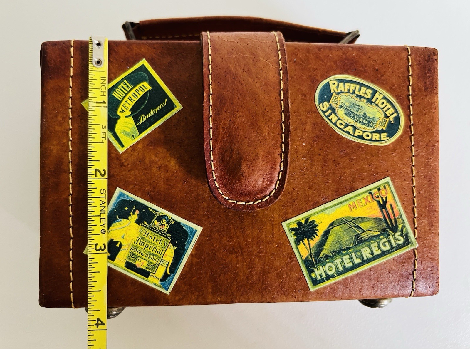 Vintage Leather Case Travel Stickers Magnetic Button Lined Mini Doll Suitcase 6”