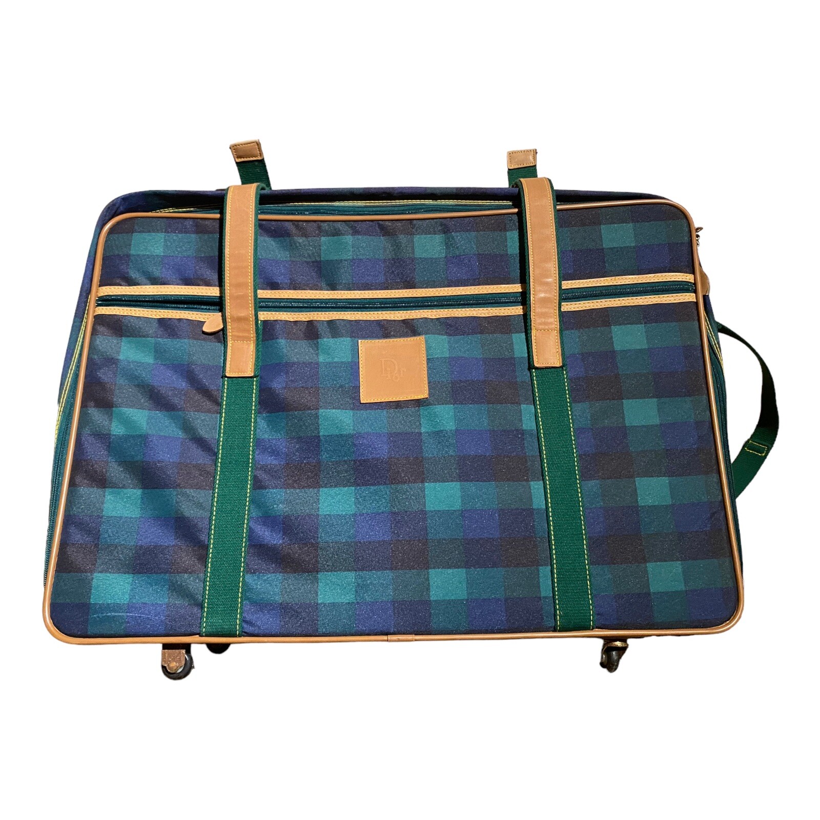 VTG Dior Travel Luggage Rolling Suitcase Plaid Green and Blue Lock & Key