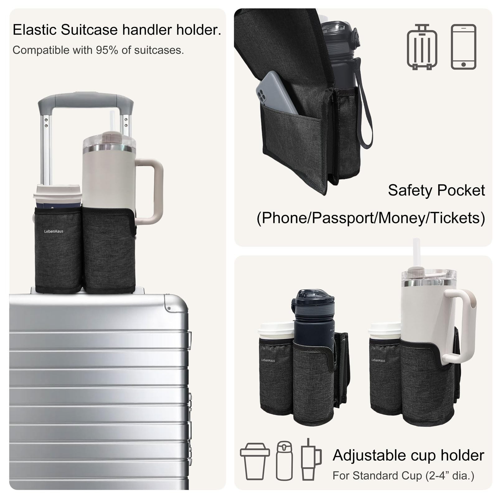 2 in 1 Luggage Cup Holder for Suitcase|Airplane Tray Table Carry on Hands Fre…