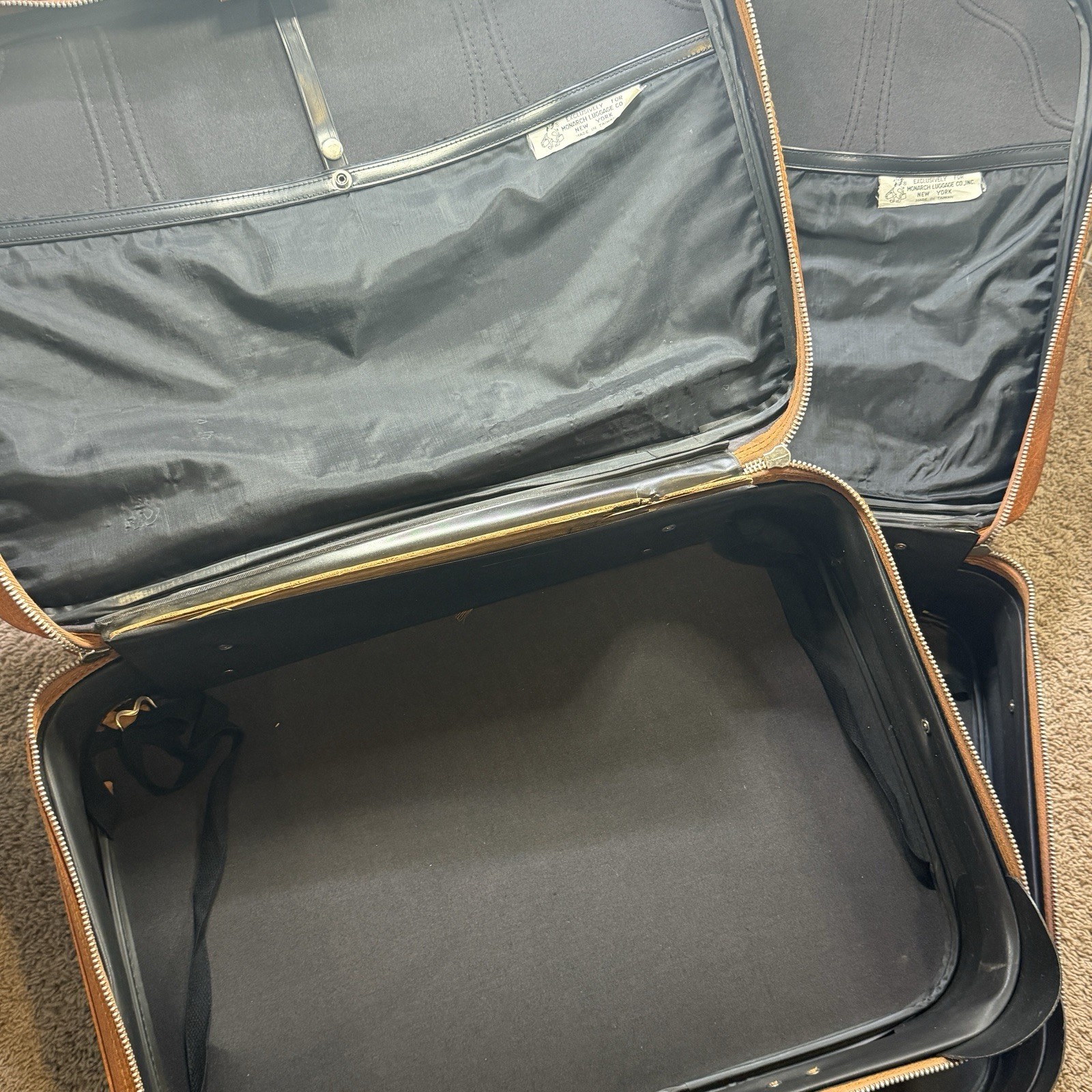Vintage Monarch Luggage 2 Pc Brown Faux Leather Suitcase Set 70s 80s