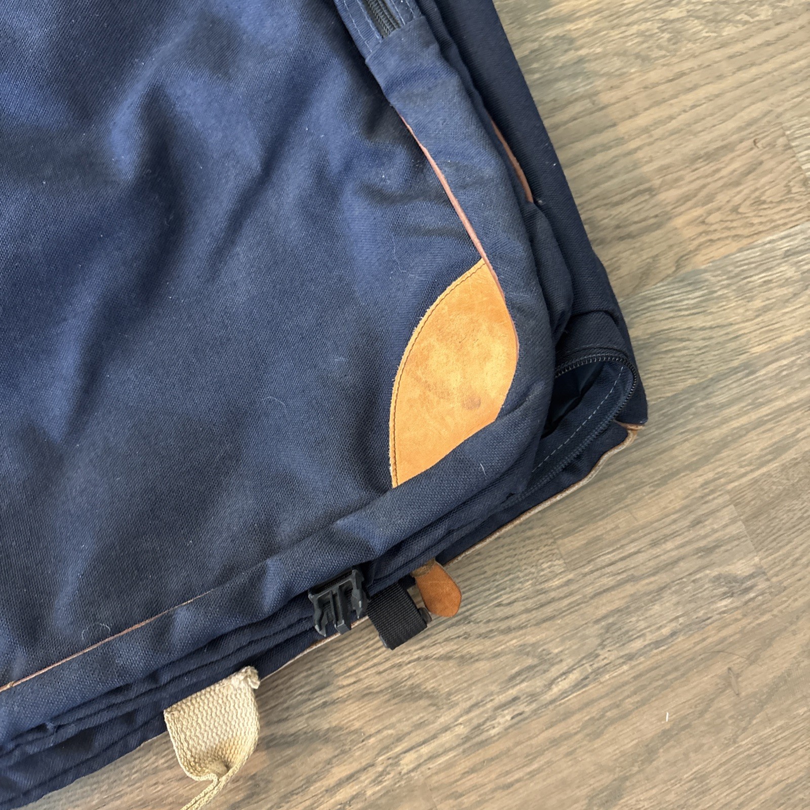 80s 90s LL BEAN Blue Canvas Leather Folding Garment Carrying Bag Travel Vintage