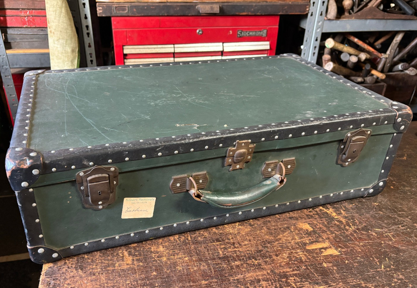 Antique Suitcase Riveted Binding Brass Hardware 1920’s Heritage Green & Black