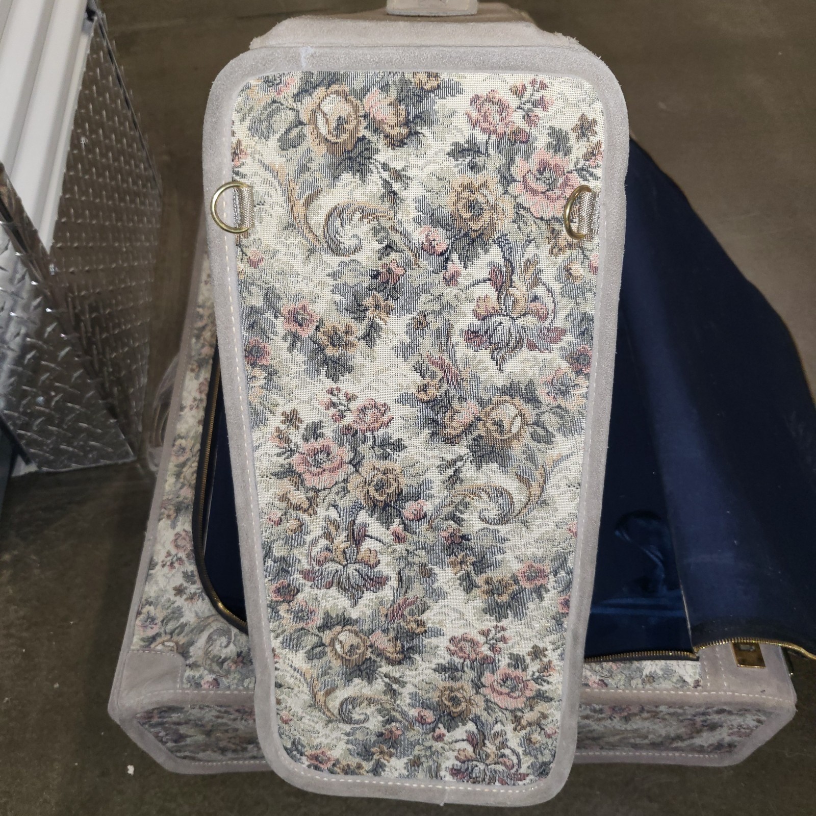 Two Vintage French Luggage Co Gray Floral Rose Tapestry & Suede Suitcases 23&28″