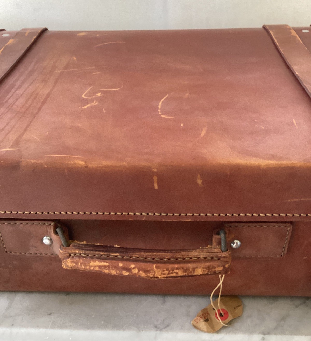 Large Antique Vintage Brown Leather Hard Case Trunk Luggage. Buckle Straps