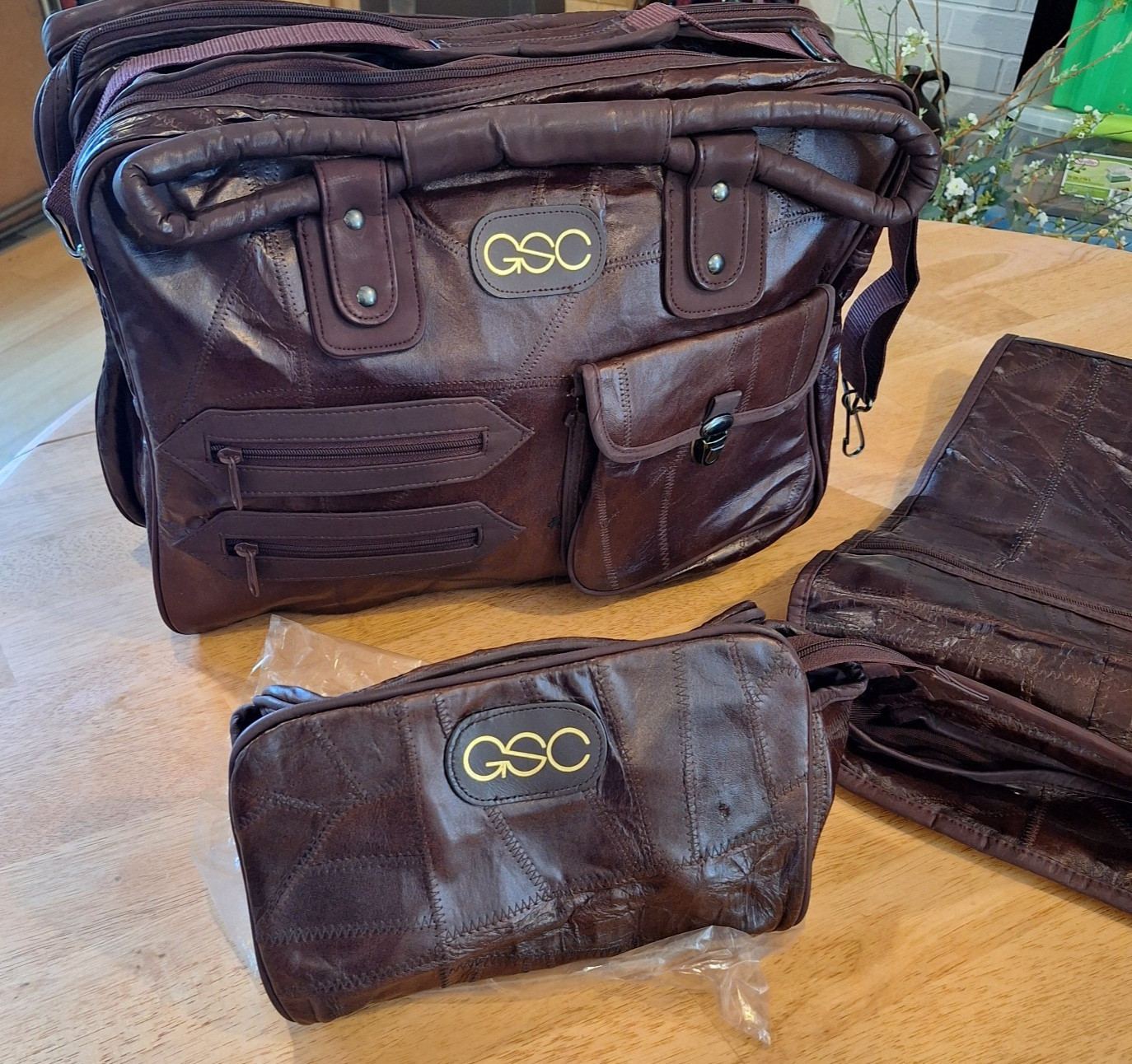 Vintage GSC Brown Patchwork Leather 3 Piece Luggage Set