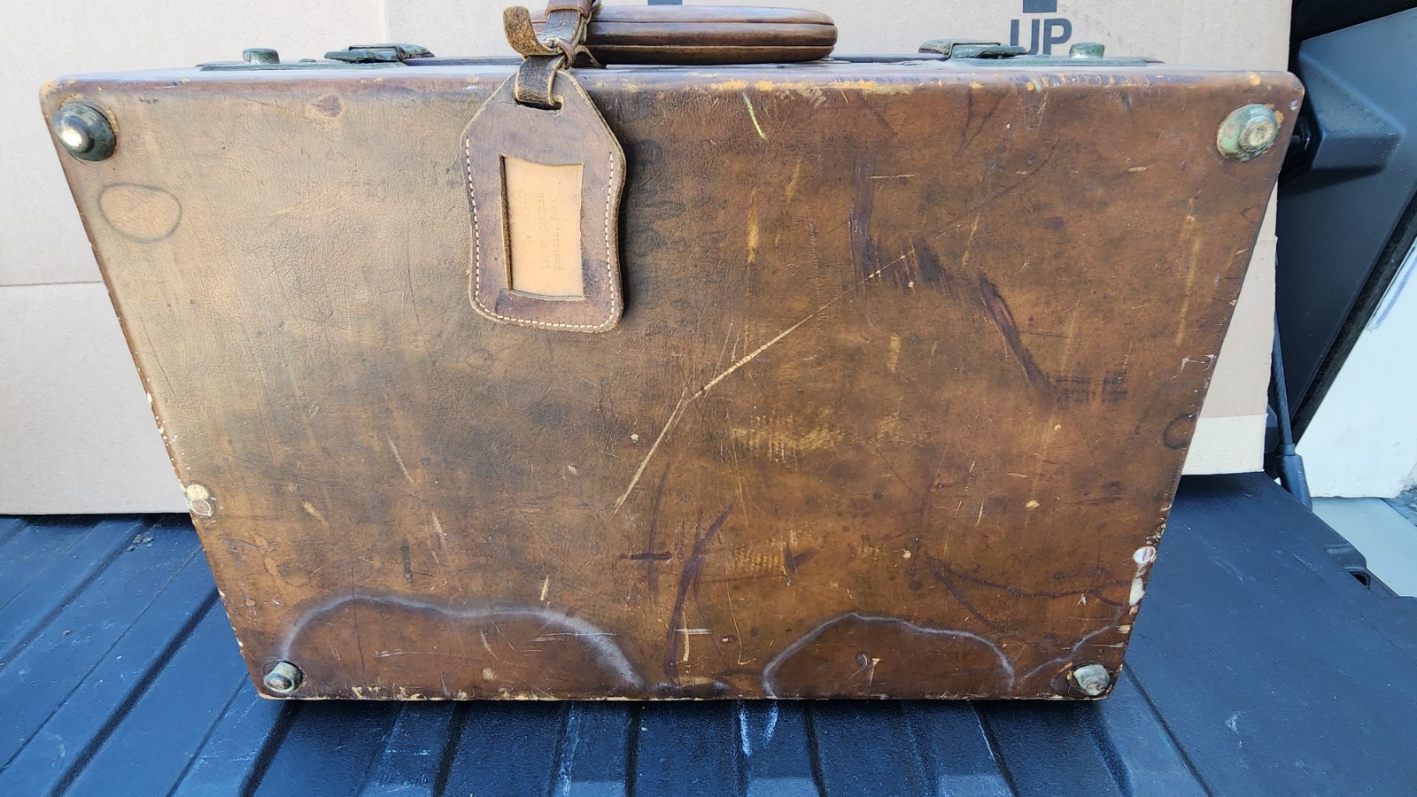 Vintage 1930s? Brown Leather Suitcase Cosmetic Carrying Case /Travel Stickers