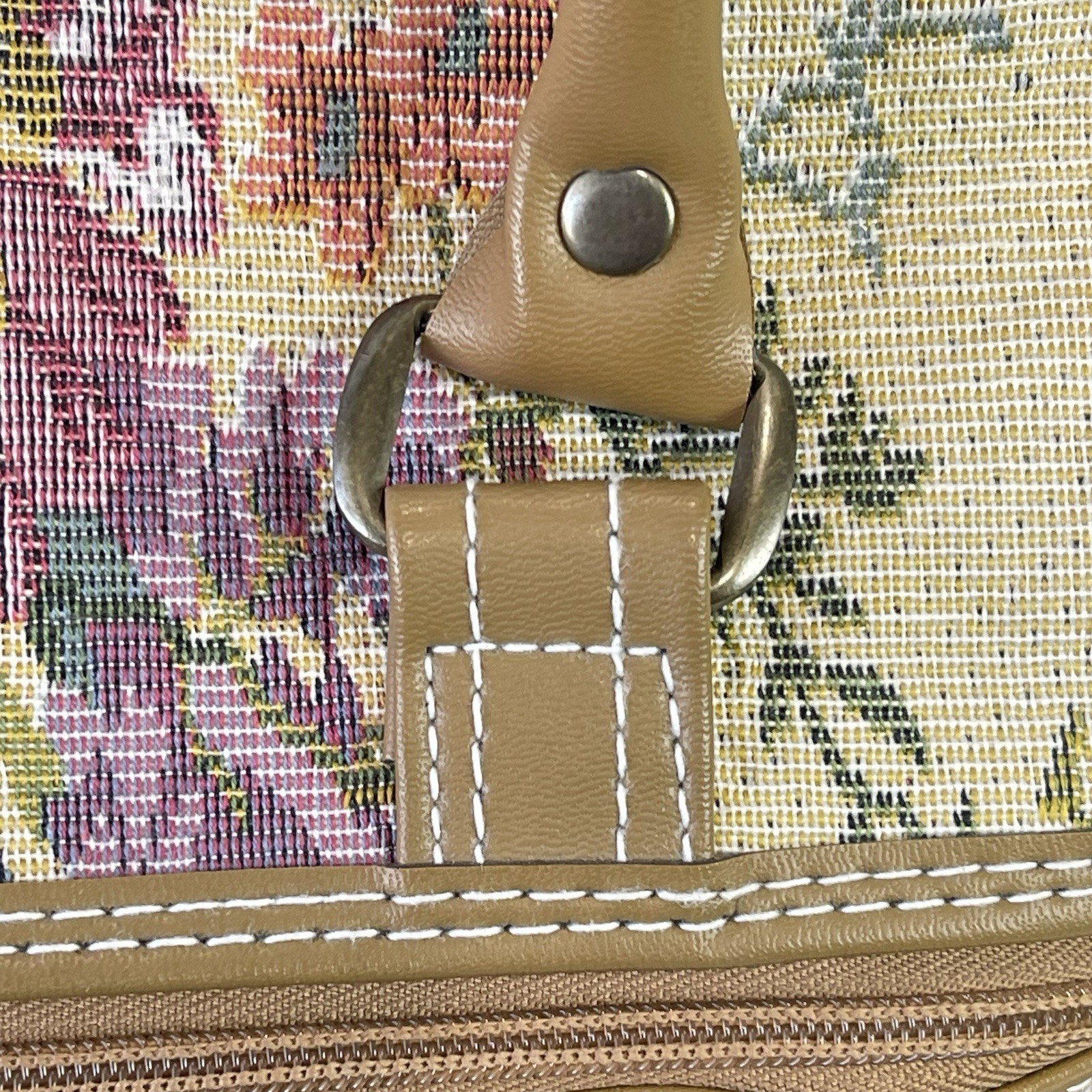 Vintage 80s Leisure Luggage Tapestry Floral & Tan Faux Leather Trim Duffle Bag