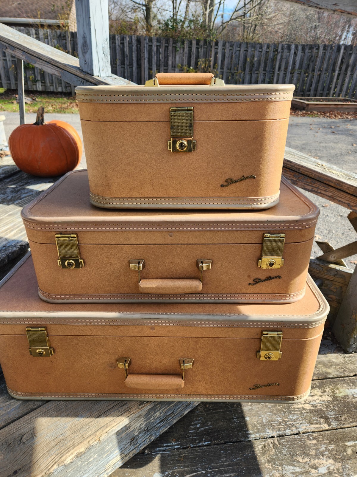 Set-3 Vtg Lady Baltimore Luggage Company Starline Hardshell Suitcase Salmon