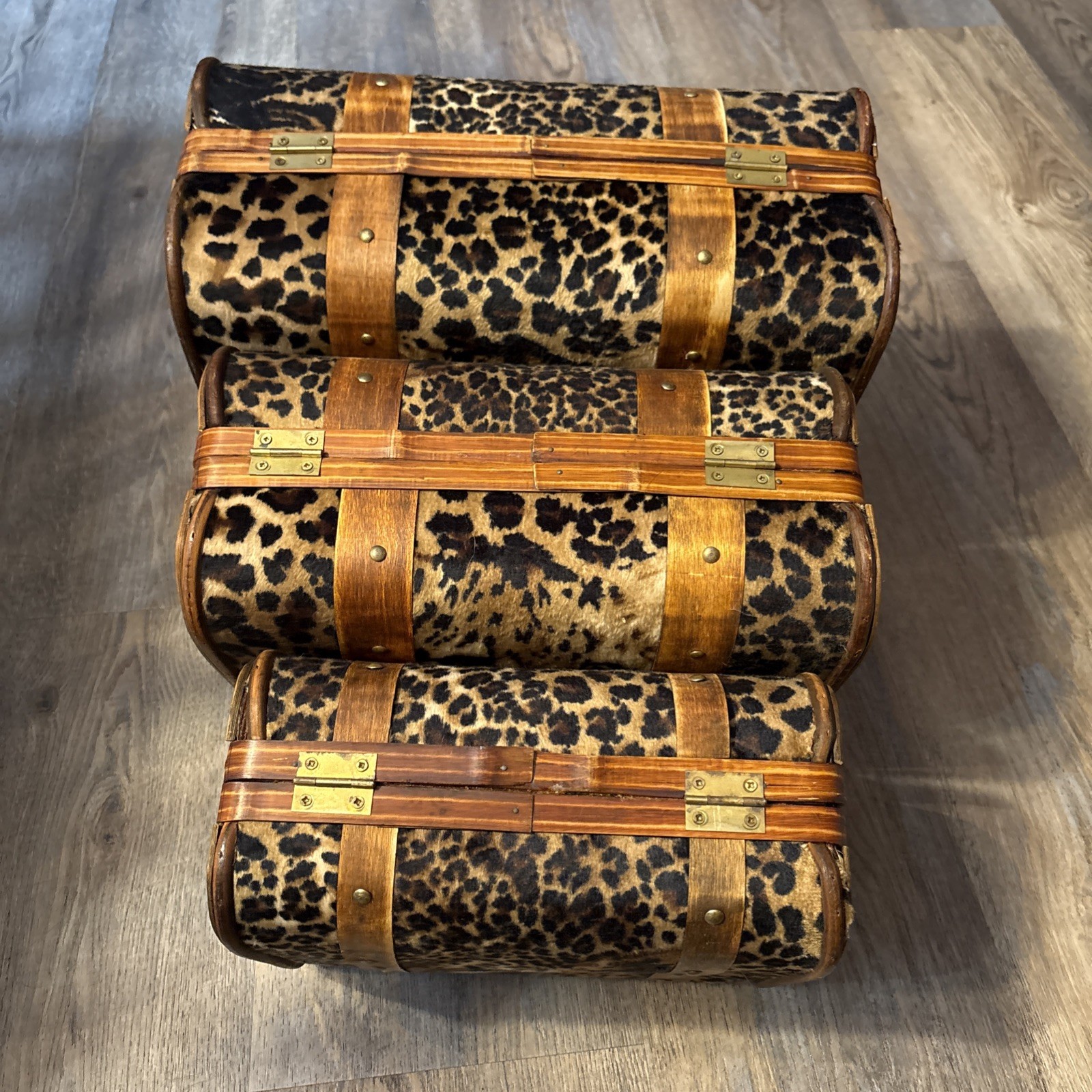 RARE Vtg 3-Pc Leopard Face Print Train Suitcases Purse Bamboo Trimmed Retro BOHO