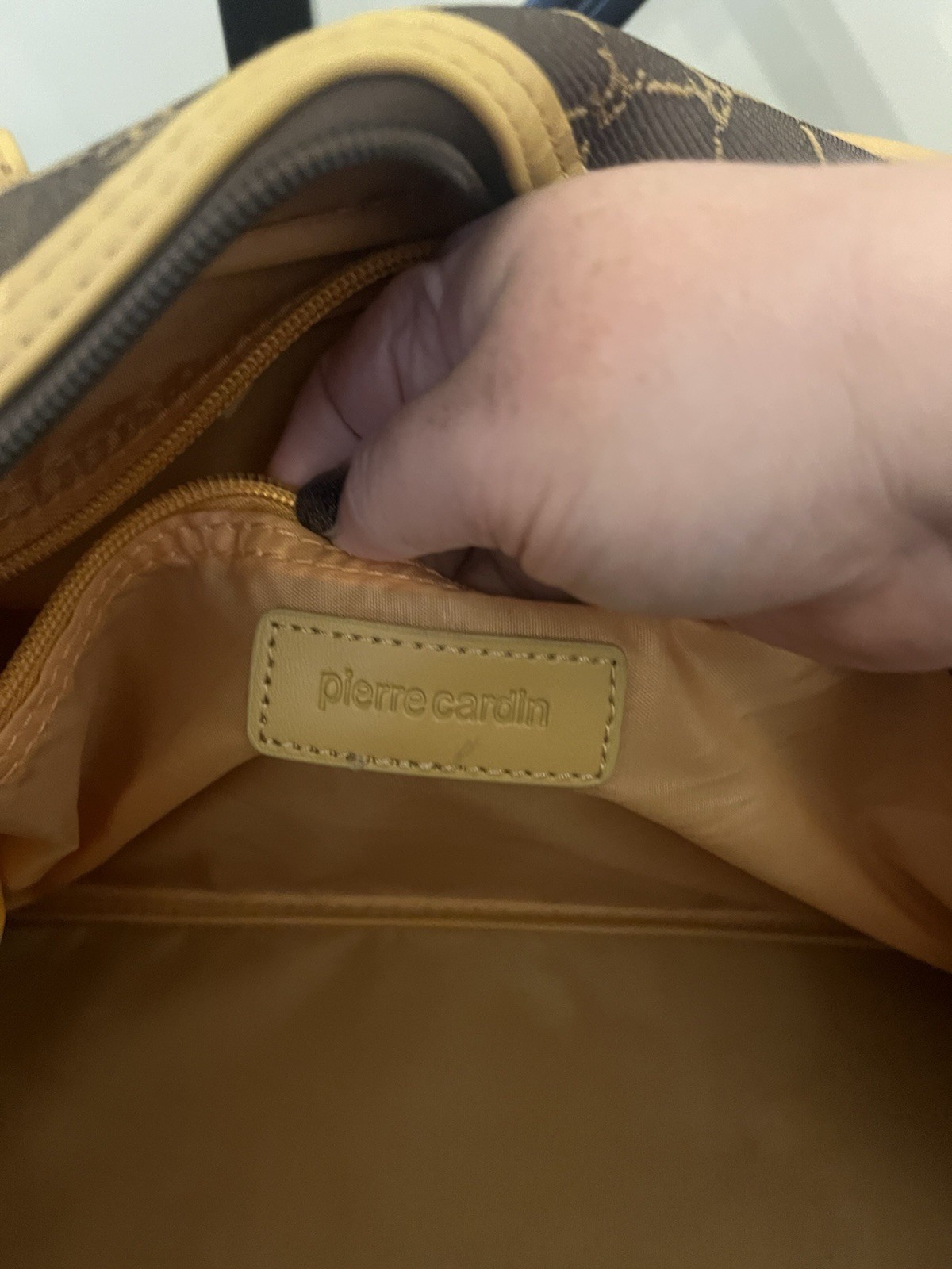 Vintage Pierre Cardin Brown & Tan Travel Bag with Shoulder Strap and Handle