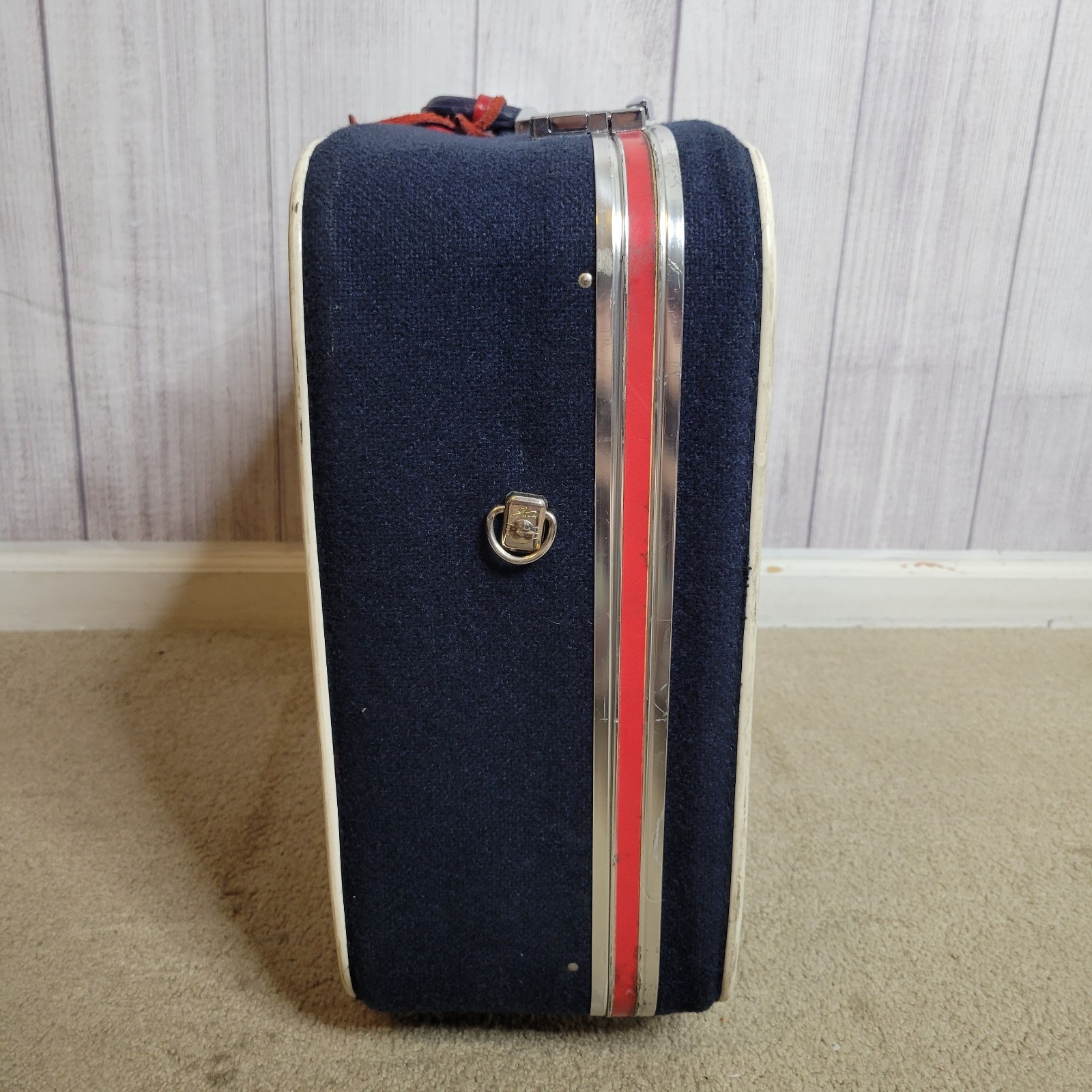 Vintage 60s 70s Skyway Luggage 2 Pc Set – Navy & Red Stripe Spinner Wheels Retro