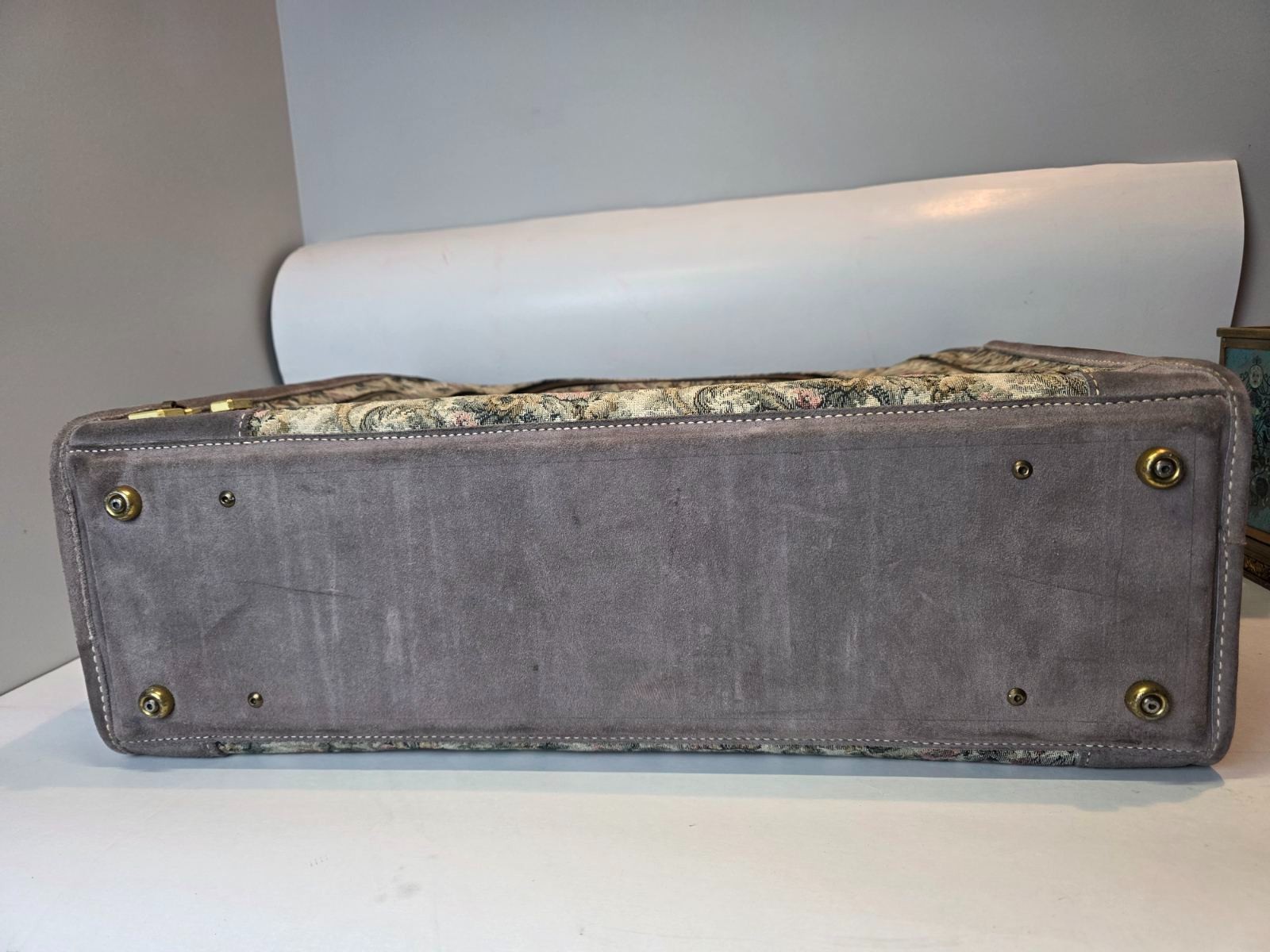 Vintage Suitcase French Luggage Co Gray Floral Rose Tapestry & Suede Leather 23″
