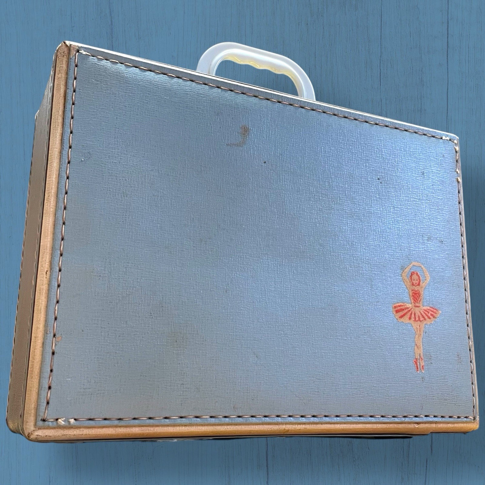 VTG Mid Century Modern Travel Carry On Luggage Blue Leather Exterior Lock & Key
