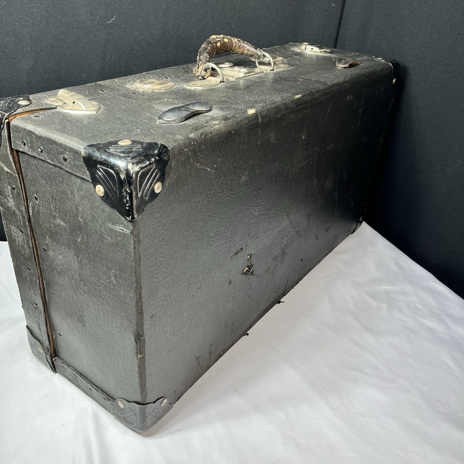 Black Cardboard Travel Suitcase Leather Handle Metal Corners Paper Inside 1930s