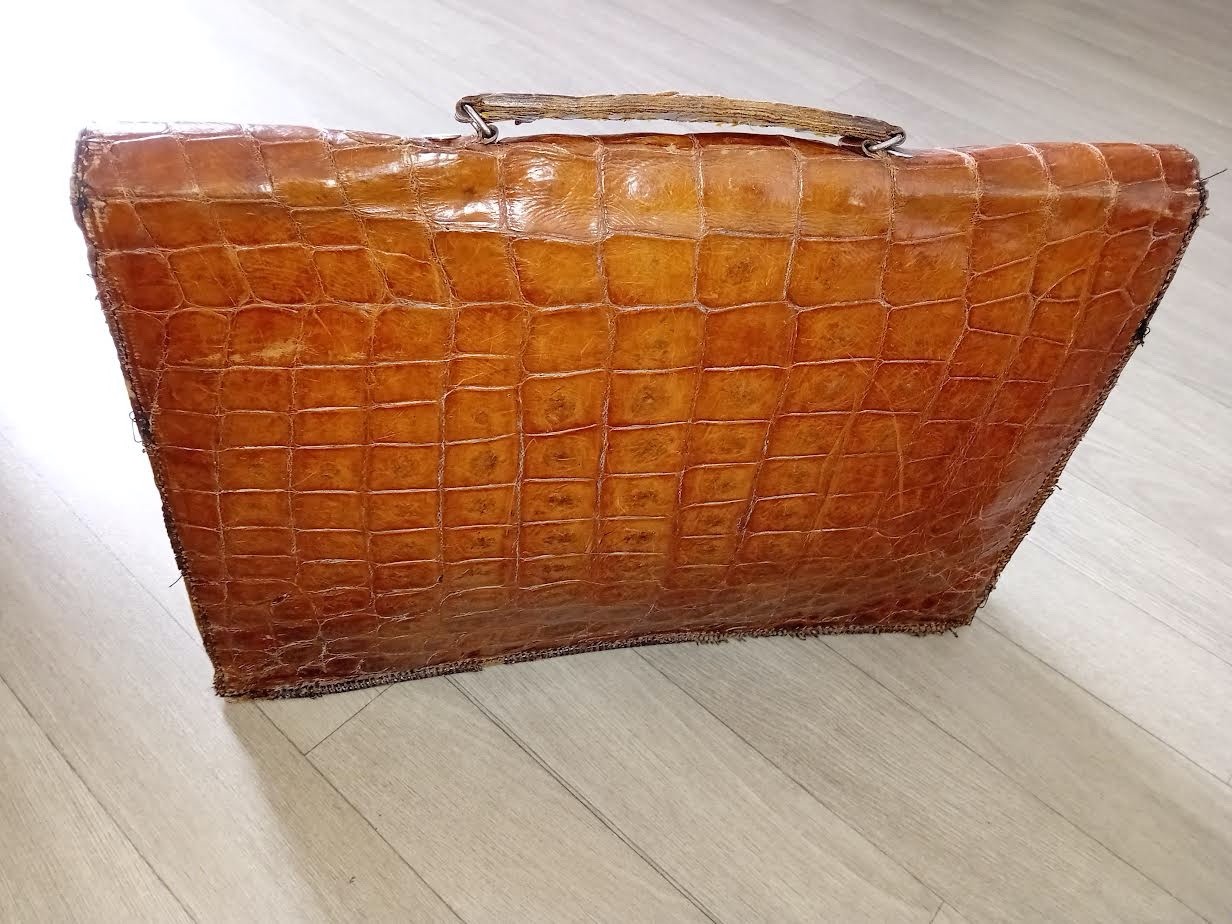 Antique Crocodile Leather Travel Luggage Suitcase / Vintage
