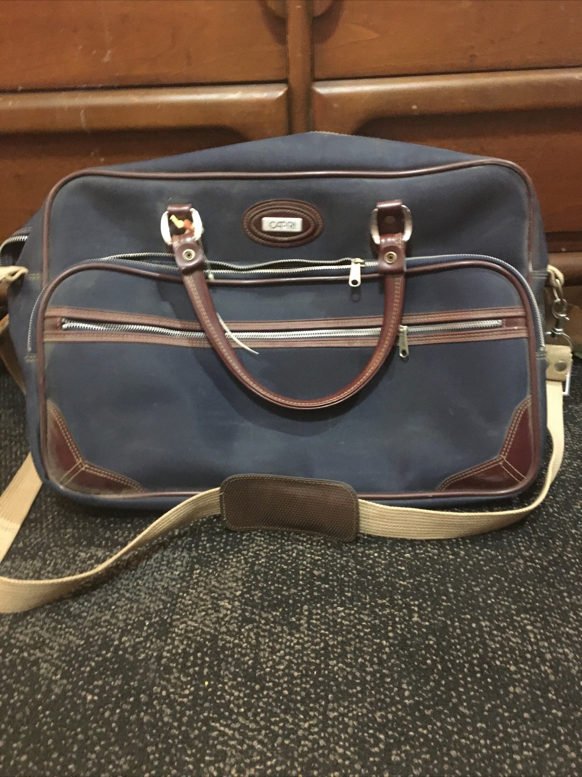 VTG Jaguar Weekender Shoulder Duffle Bag Navy Blue Leather Canvas Boho Y2K Retro