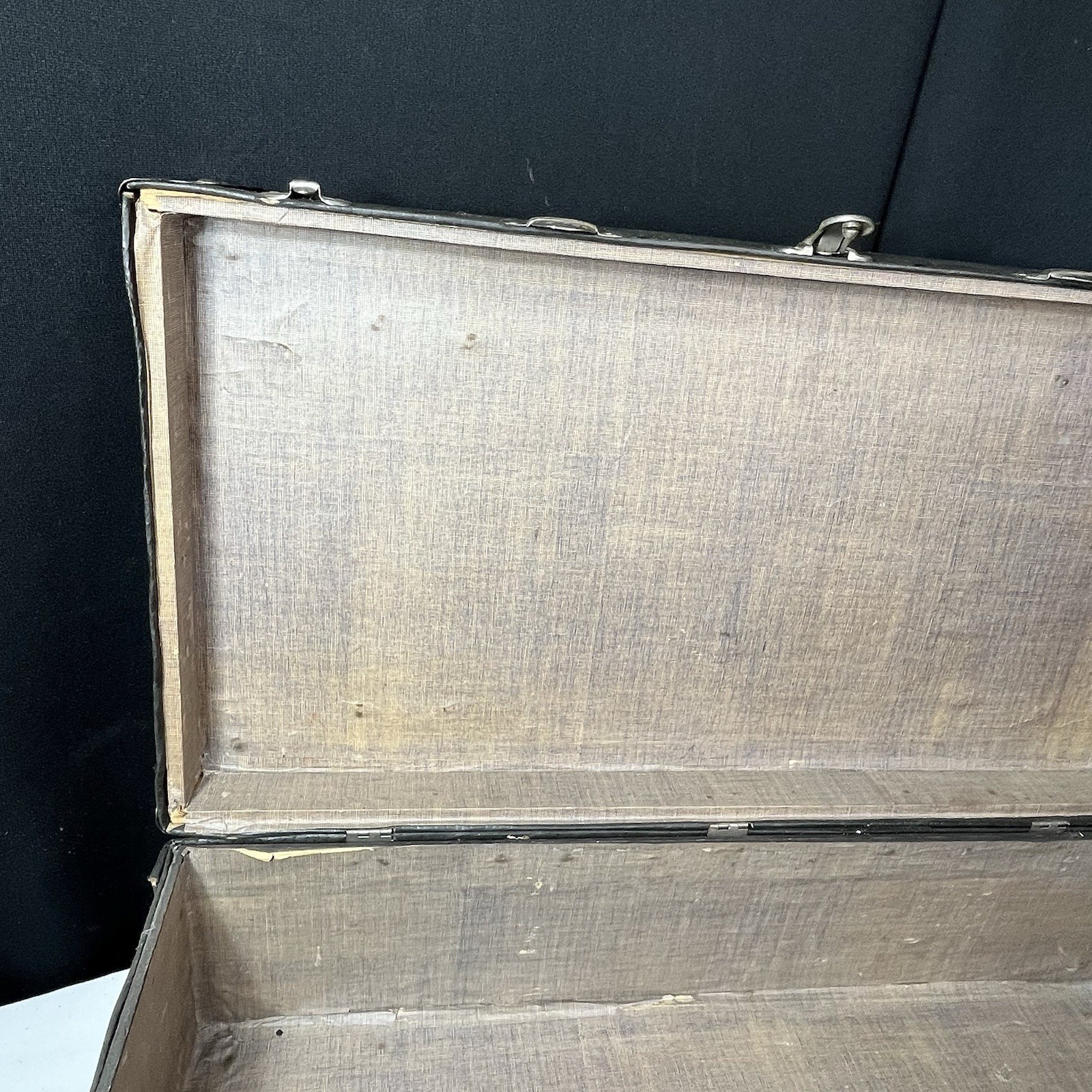 Black Cardboard Travel Suitcase Leather Handle Metal Corners Paper Inside 1930s