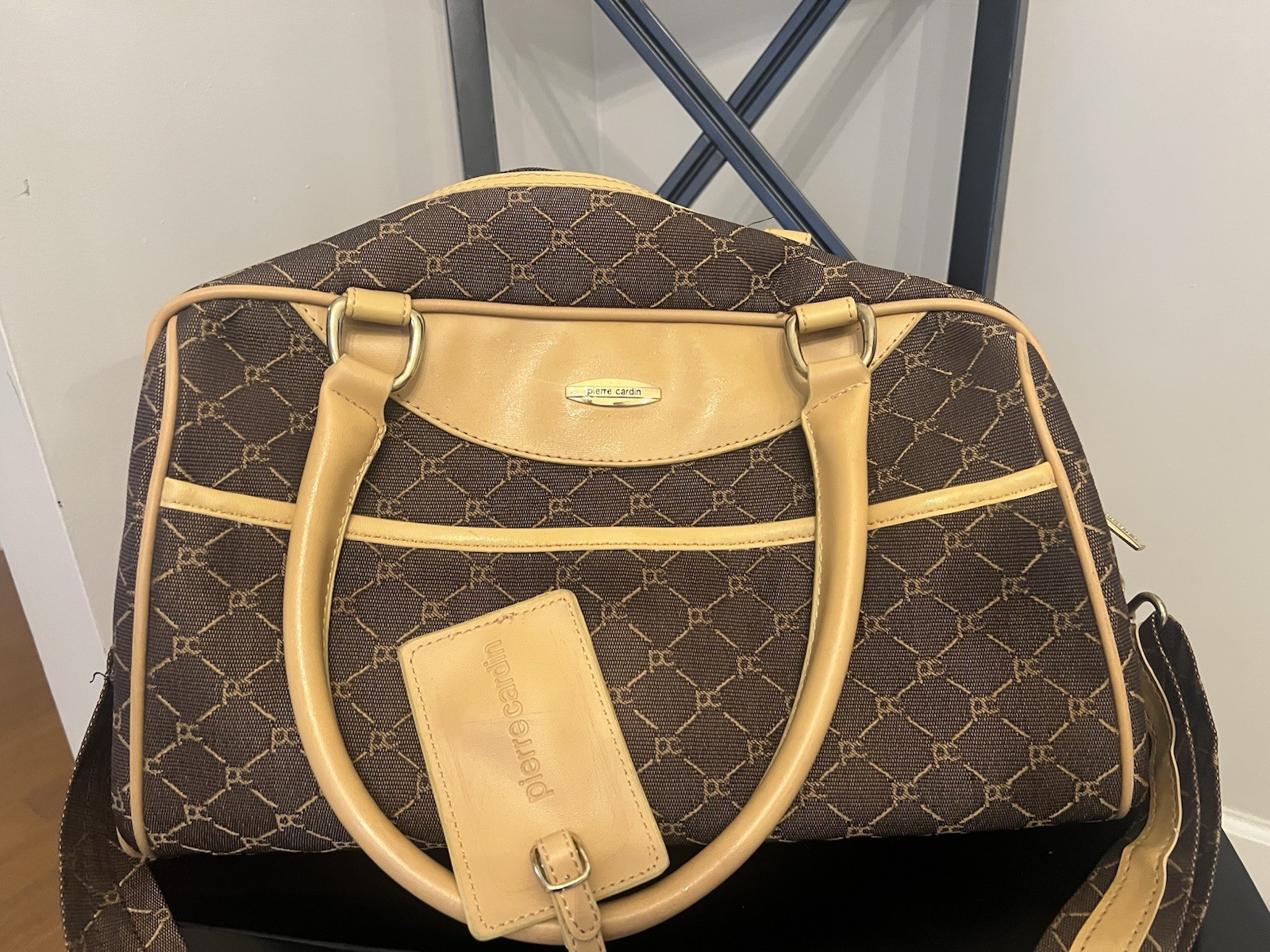 Vintage Pierre Cardin Brown & Tan Travel Bag with Shoulder Strap and Handle