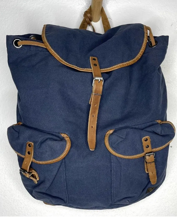 Polo Ralph Lauren Leather Canvas Blue Brown Backpack Shoulder Bag RARE Vintage