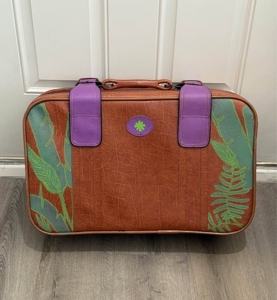 Vintage 70’s Brown Suitcase w/Purple Buckle Straps and Green Tropical Leaves
