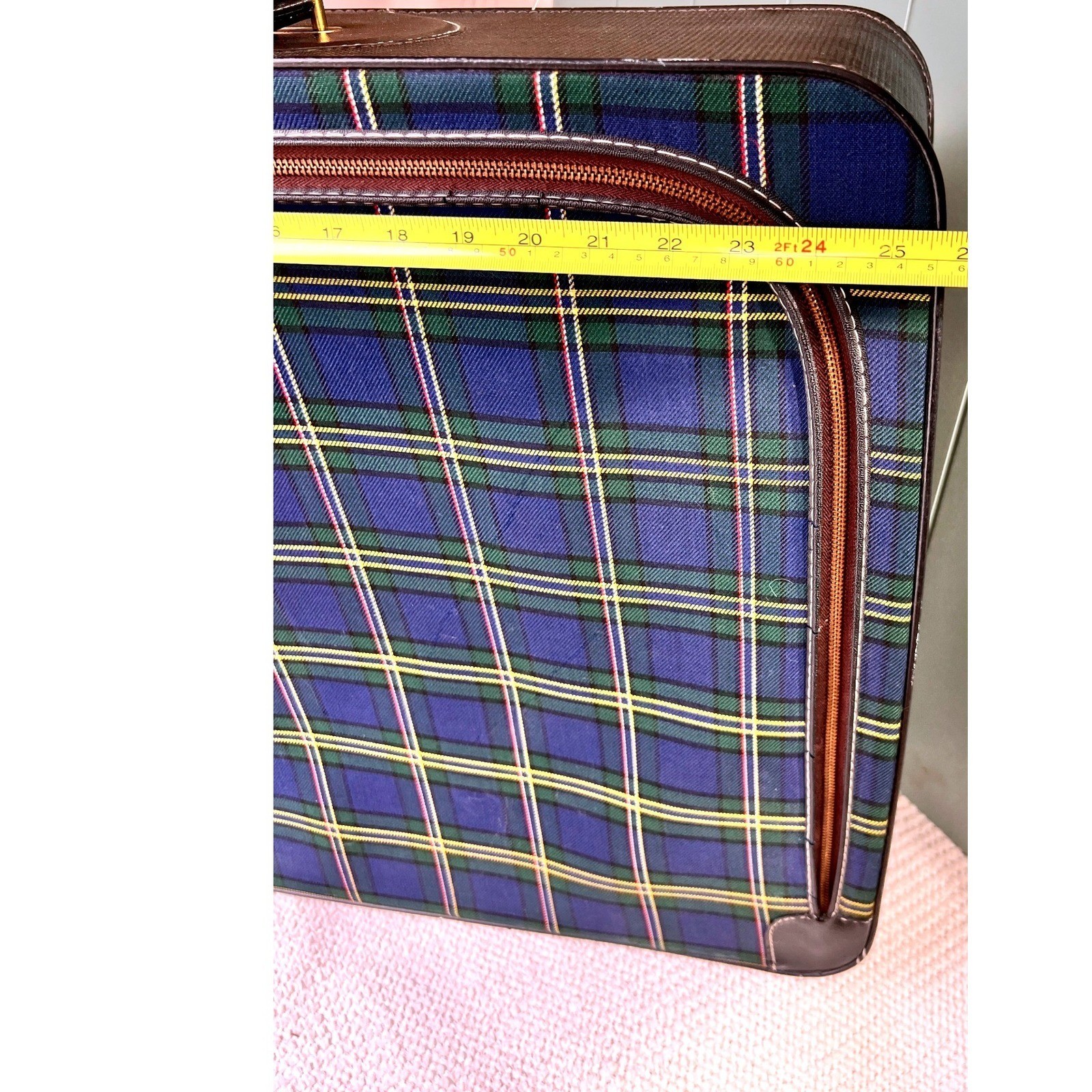 Vintage Leeds Plaid Suitcase Blue Green Soft Sided Luggage Retro Travel Bag