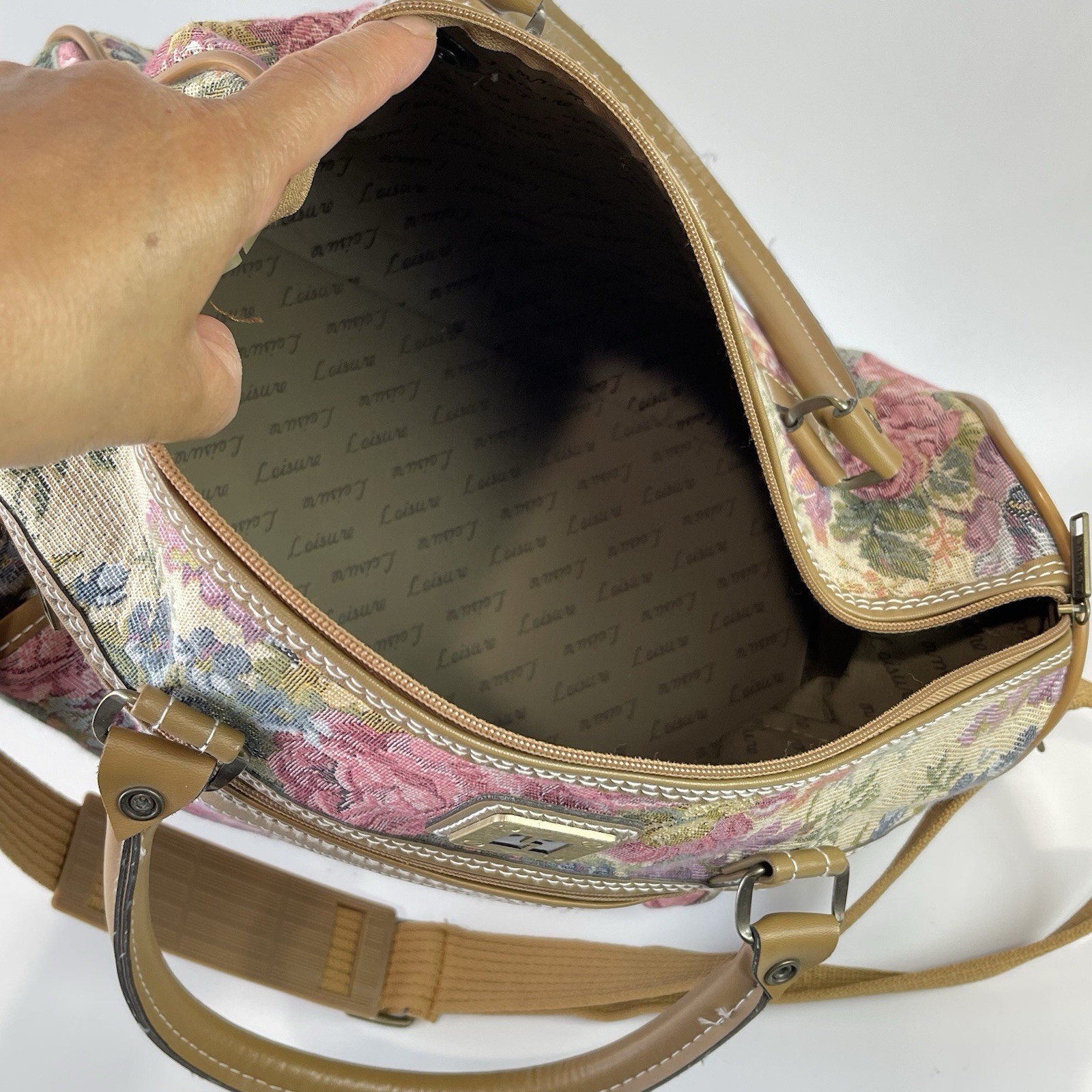 Vintage 80s Leisure Luggage Tapestry Floral & Tan Faux Leather Trim Duffle Bag