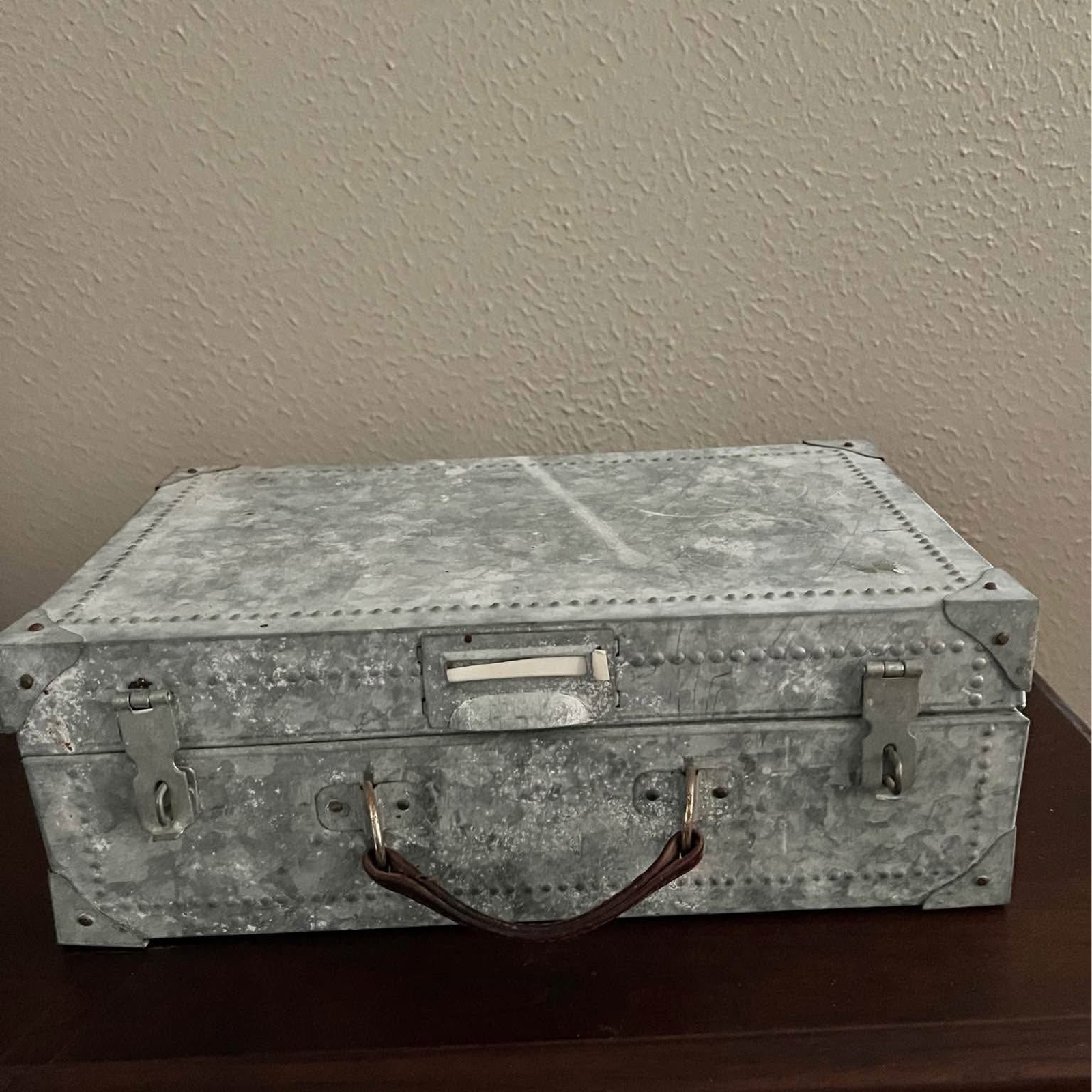 Vintage Aluminum Leather Handle Suitcase with Hasp Staple Closure for Locks