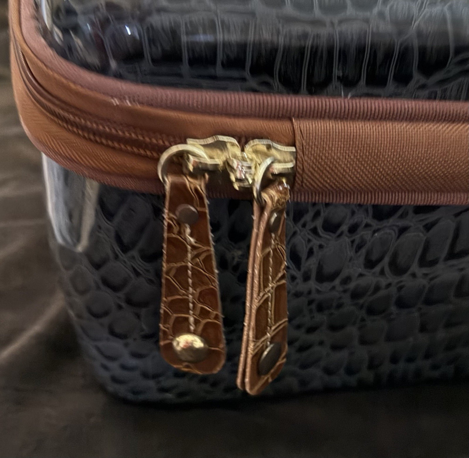 Samantha Brown Hard-sided Train Case Black & Grey w/ Brown Trim 14 x 8 x 8”