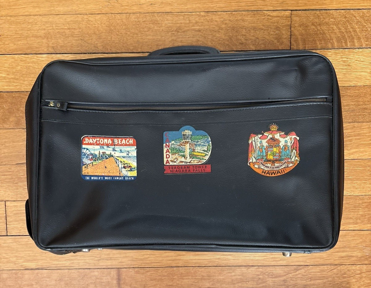 VINTAGE Penguin Travelers Black Suitcase Attache 1960s With Destination Stamps