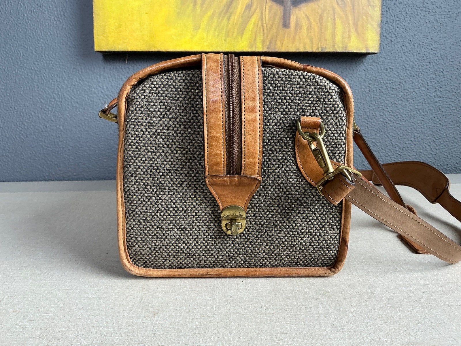 Vintage Hartmann Luggage Tweed & Leather Cosmetic Case Duffle Shoulder Bag