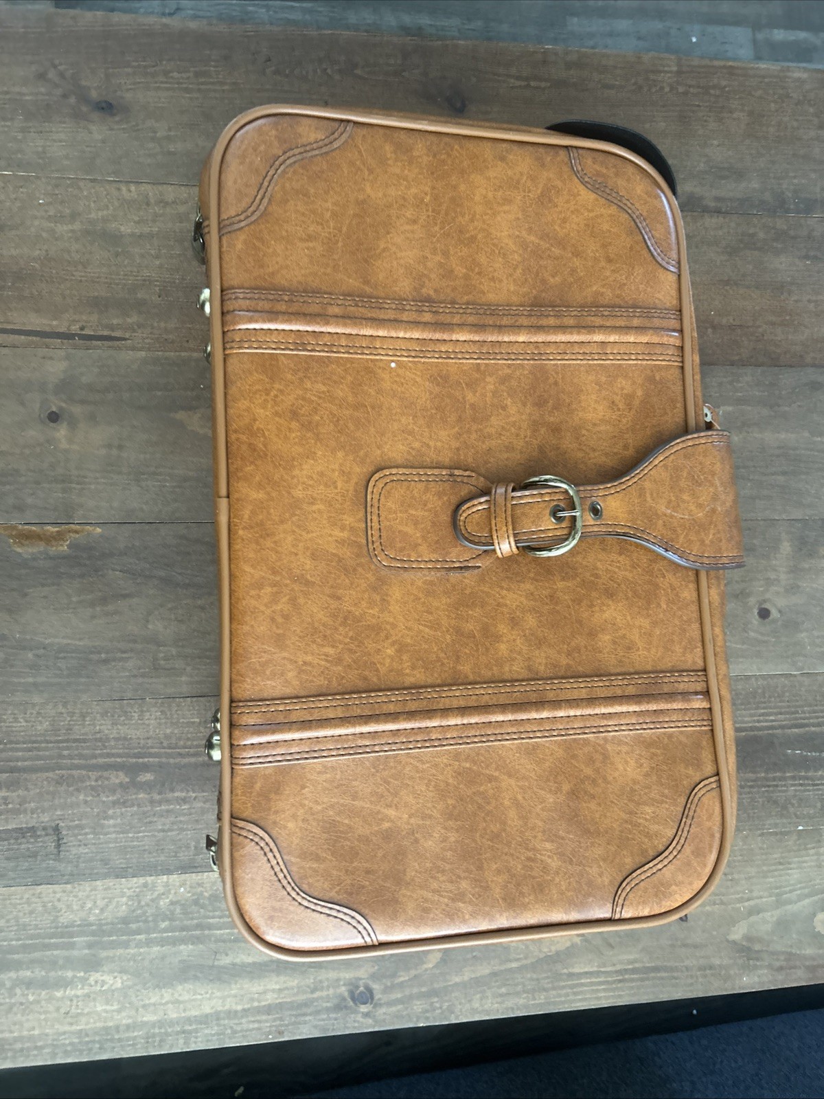 Vintage Luggage – Brown Leather Rectangle Suitcase W/ Strap Down Buckle 21”x14”