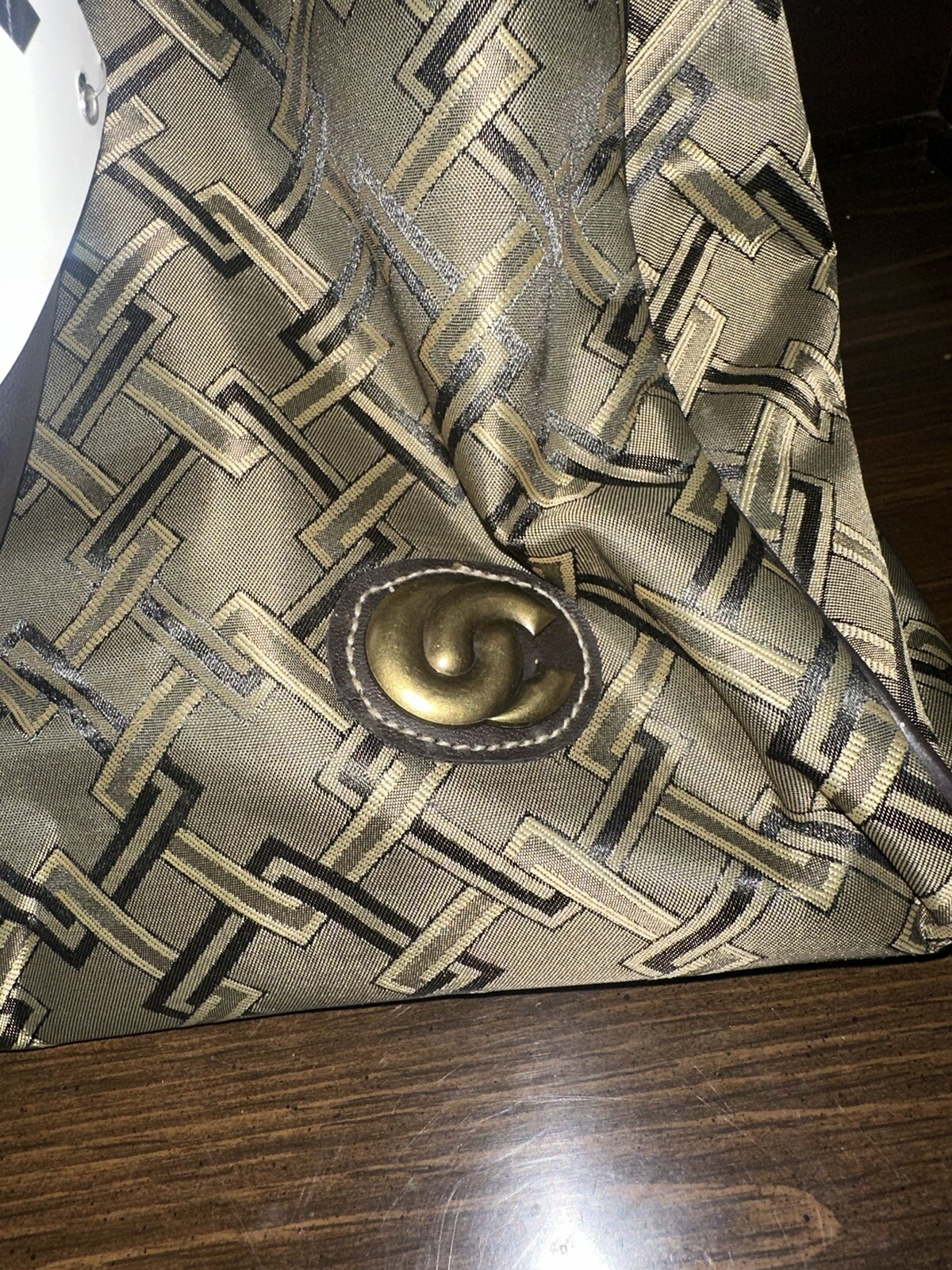 Vintage OLEG CASSINI Travel Bag Tote Navy Gray Gold Vinyl Leather Handles Trim
