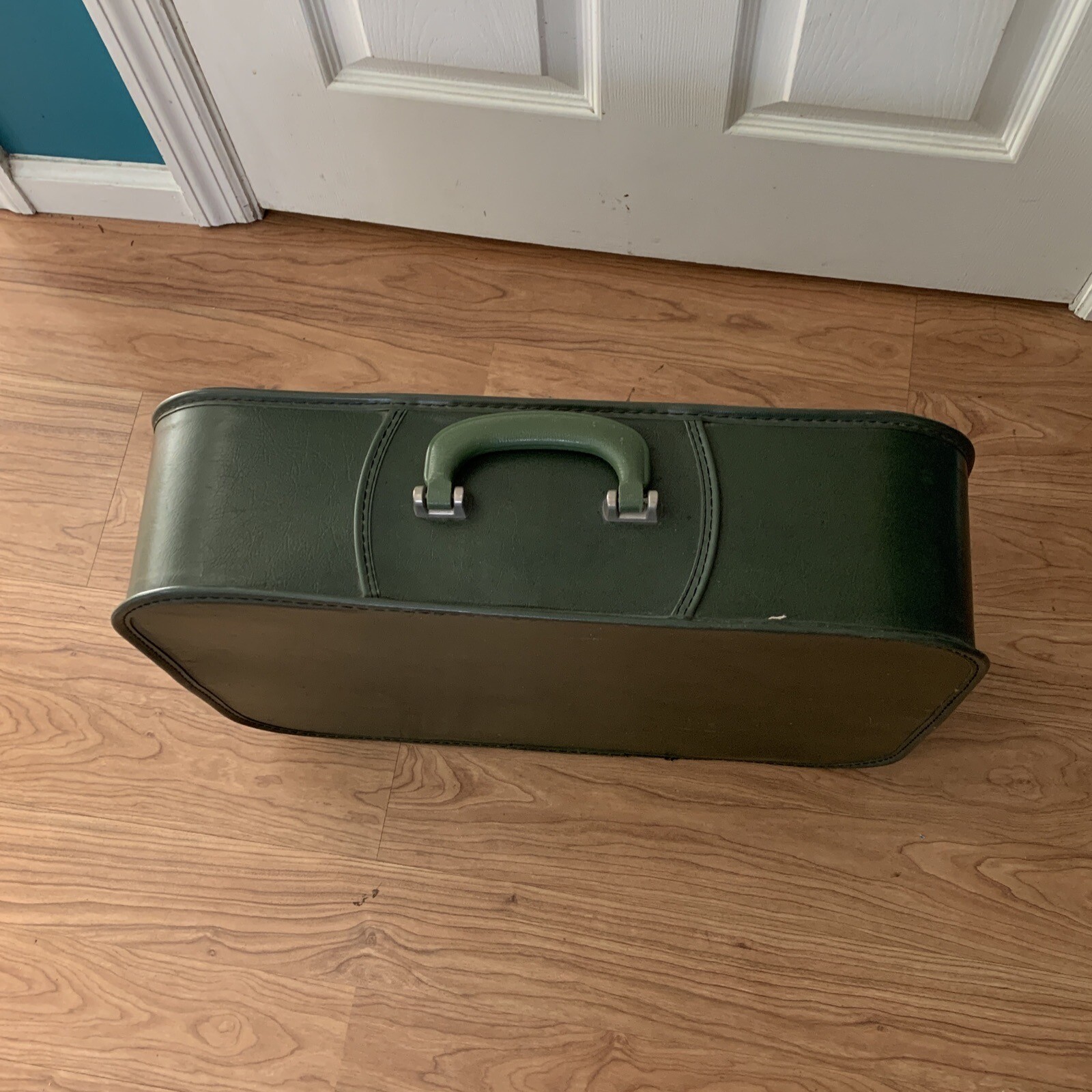 Vintage Grasshopper Suitcase Olive Green Faux Leather Luggage 21x15x5.5”