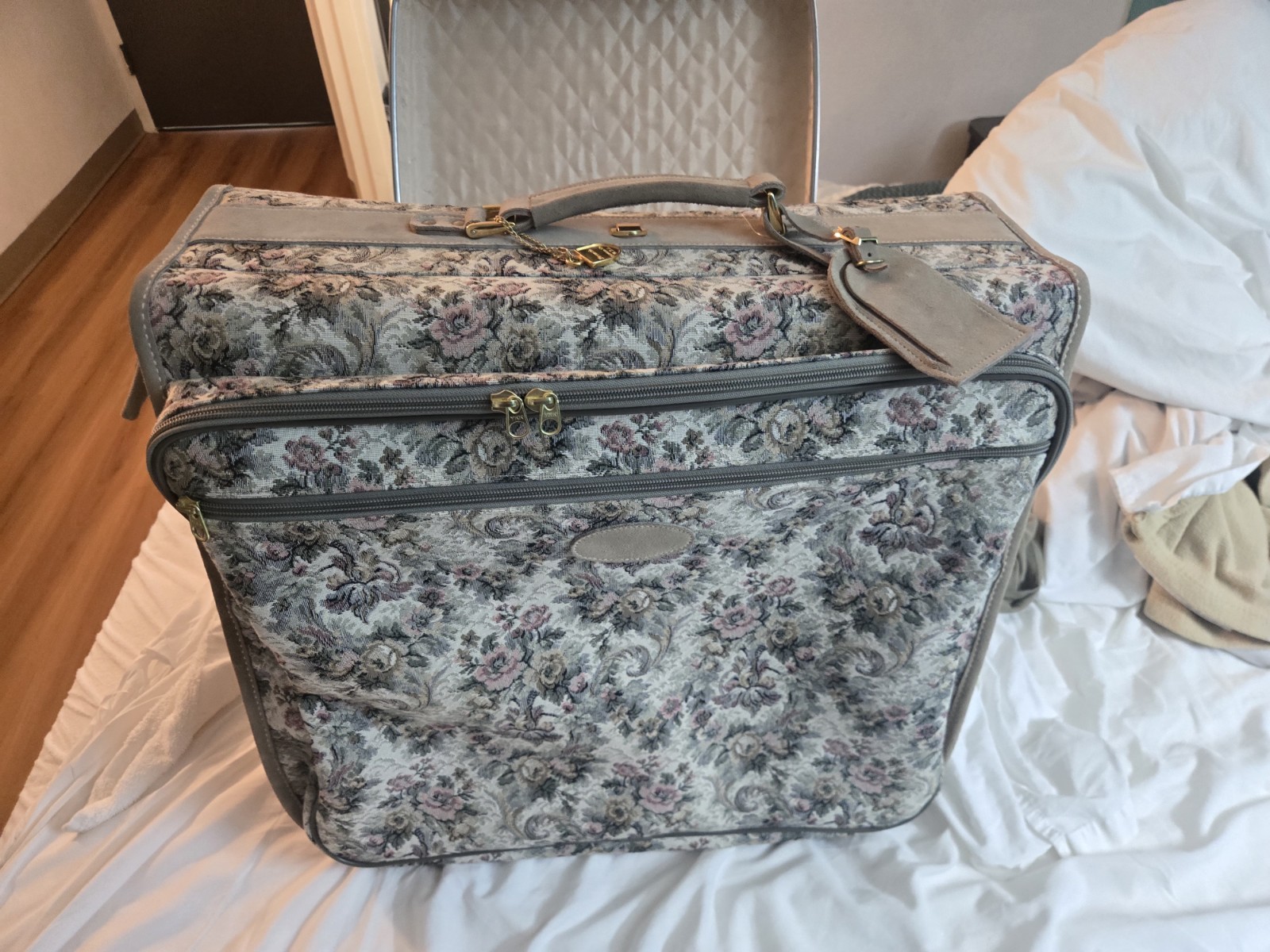 Vintage French Luggage Co Gray Floral Rose Tapestry & Suede Leather Suitcase