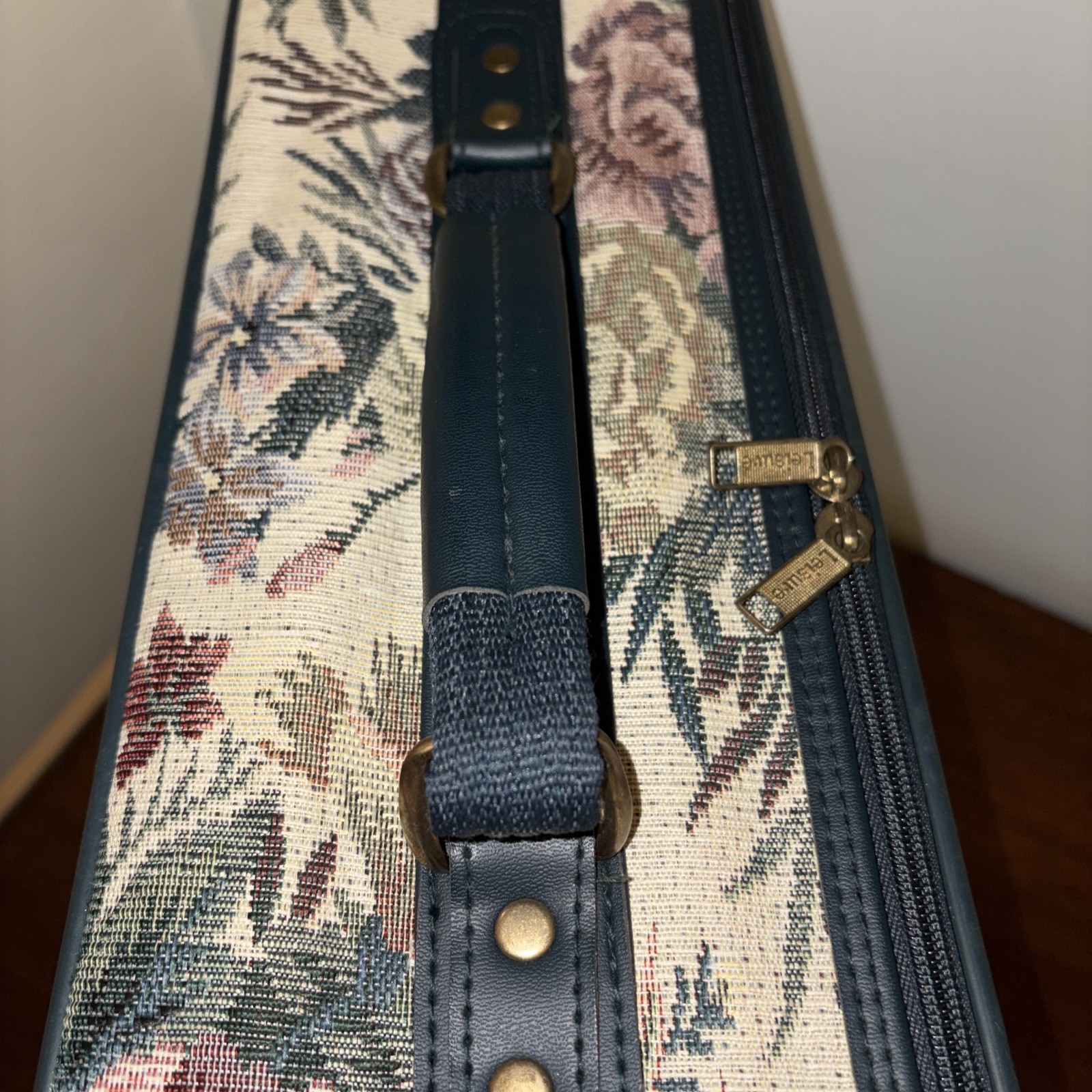 Vintage Leisure Luggage Beautiful Canvas Floral Forest Green Trim Carry On Rolls