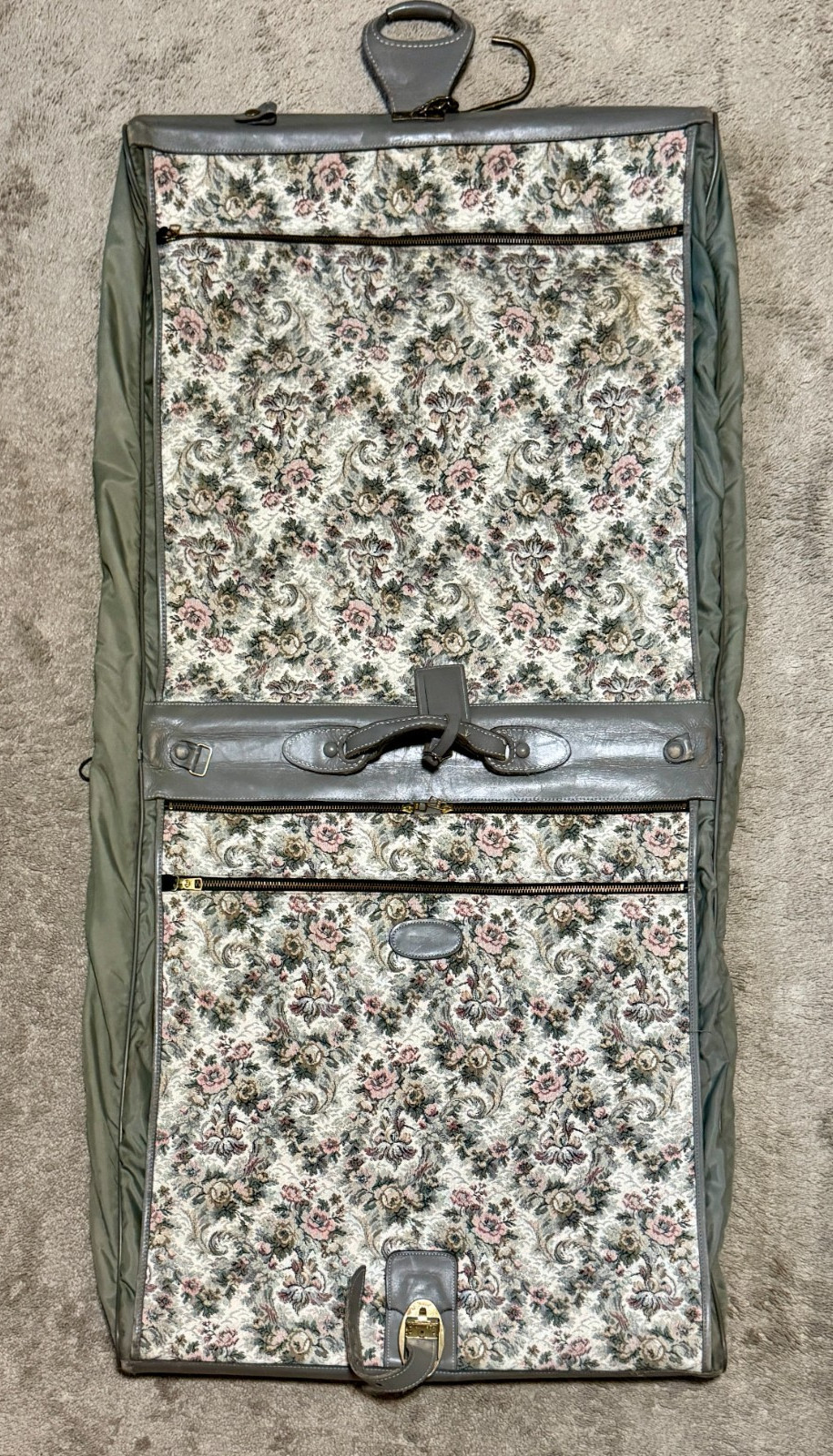 French Luggage Co Garment Bag Floral Tapestry Vintage Clothes Bag Leather Trim