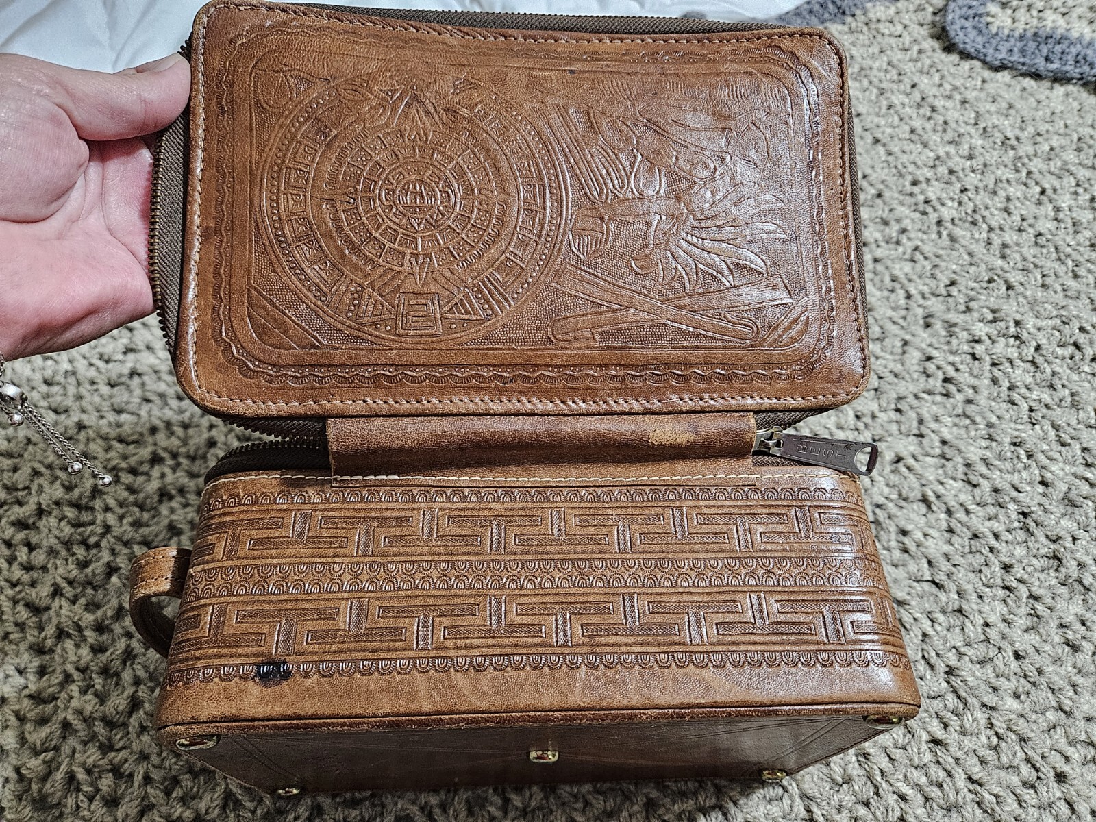 Antique Vintage 1930s Tooled Leather Toiletry Bag Great Condition Tiki Men Box