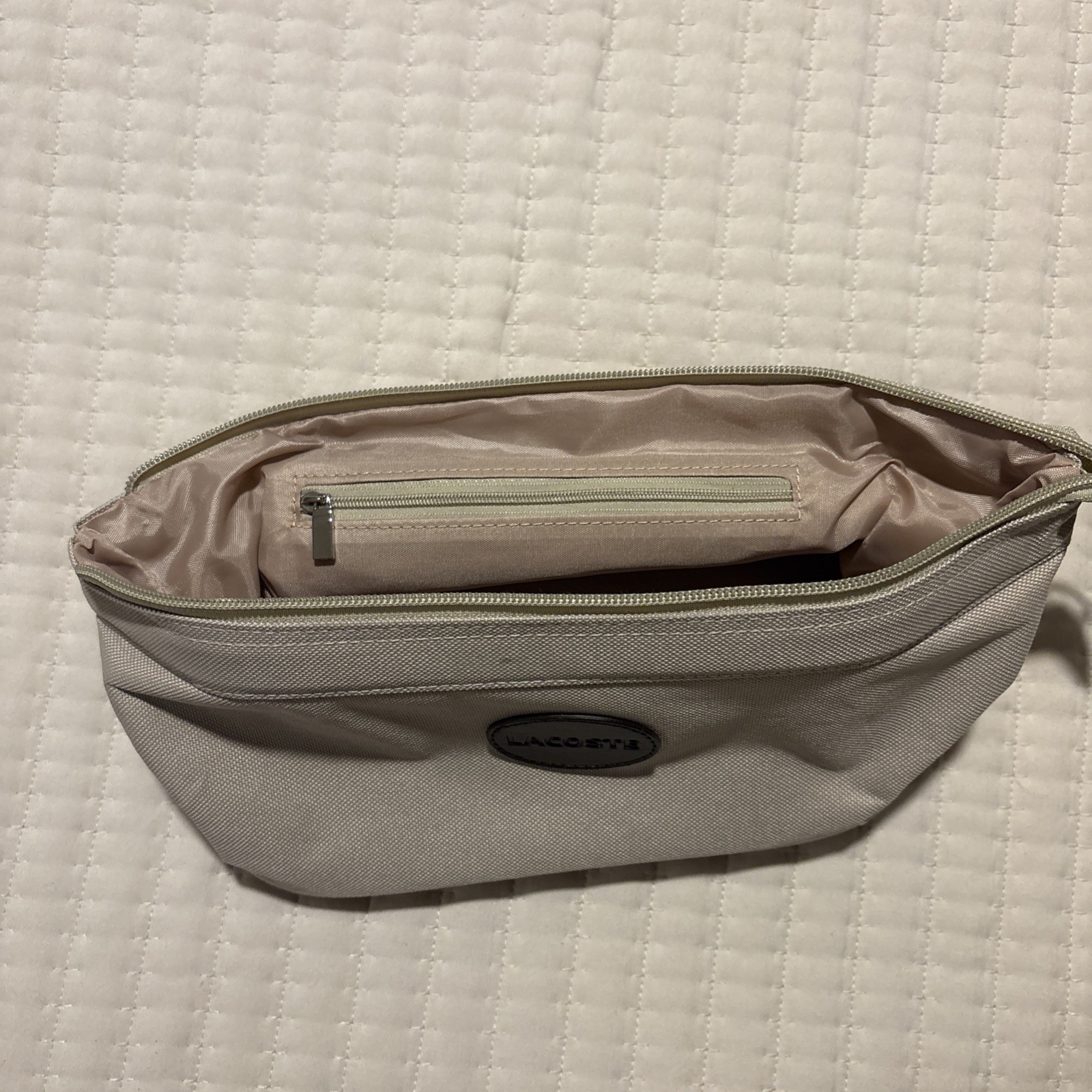 Lacoste Toiletry Cosmetics Bag Full Zip Tan Beige inner zipper/pocket