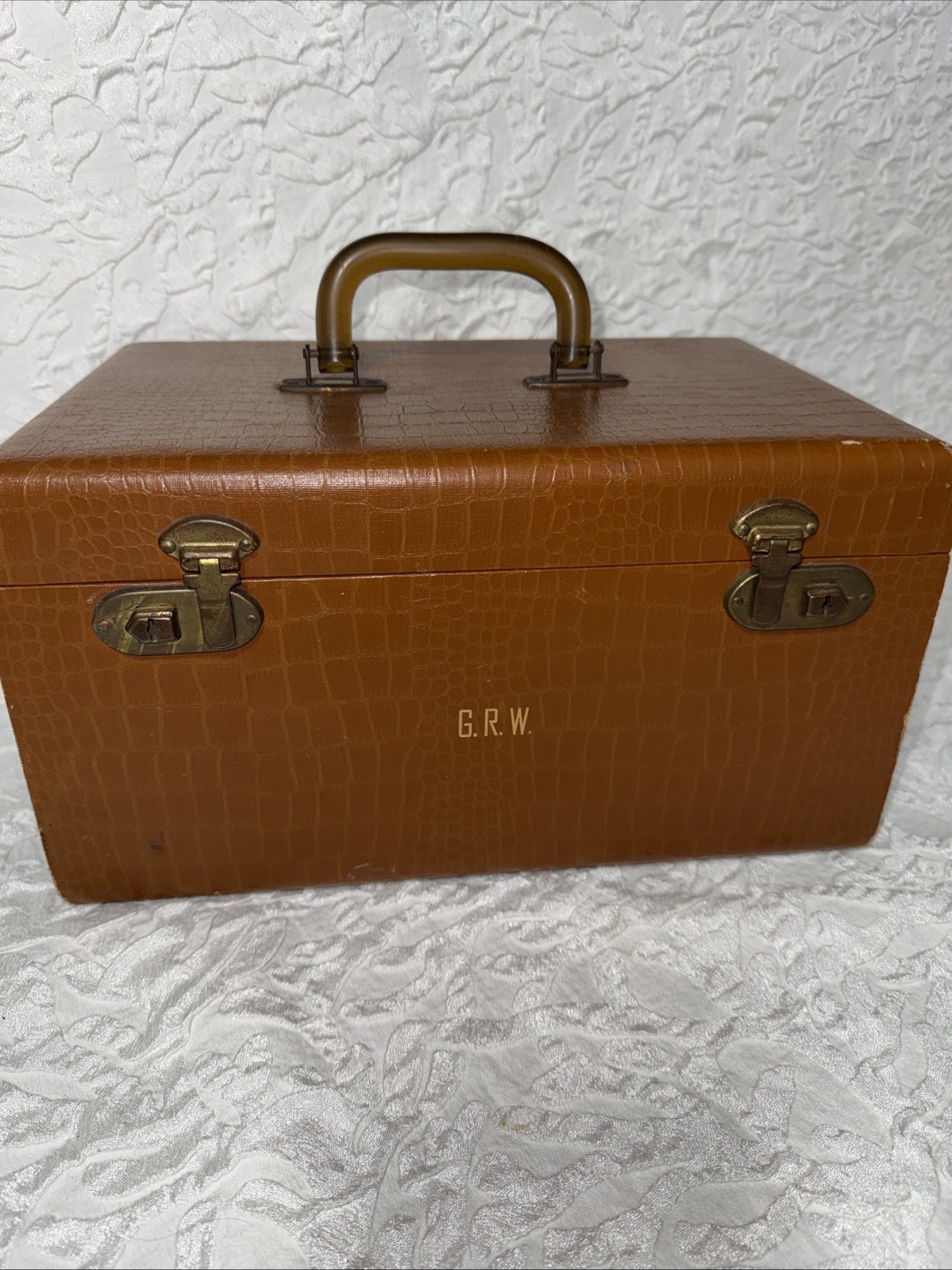 Vintage 50’s 60’s 13” Lucite Handle Brass Travel/Storage Case Faux Alligator