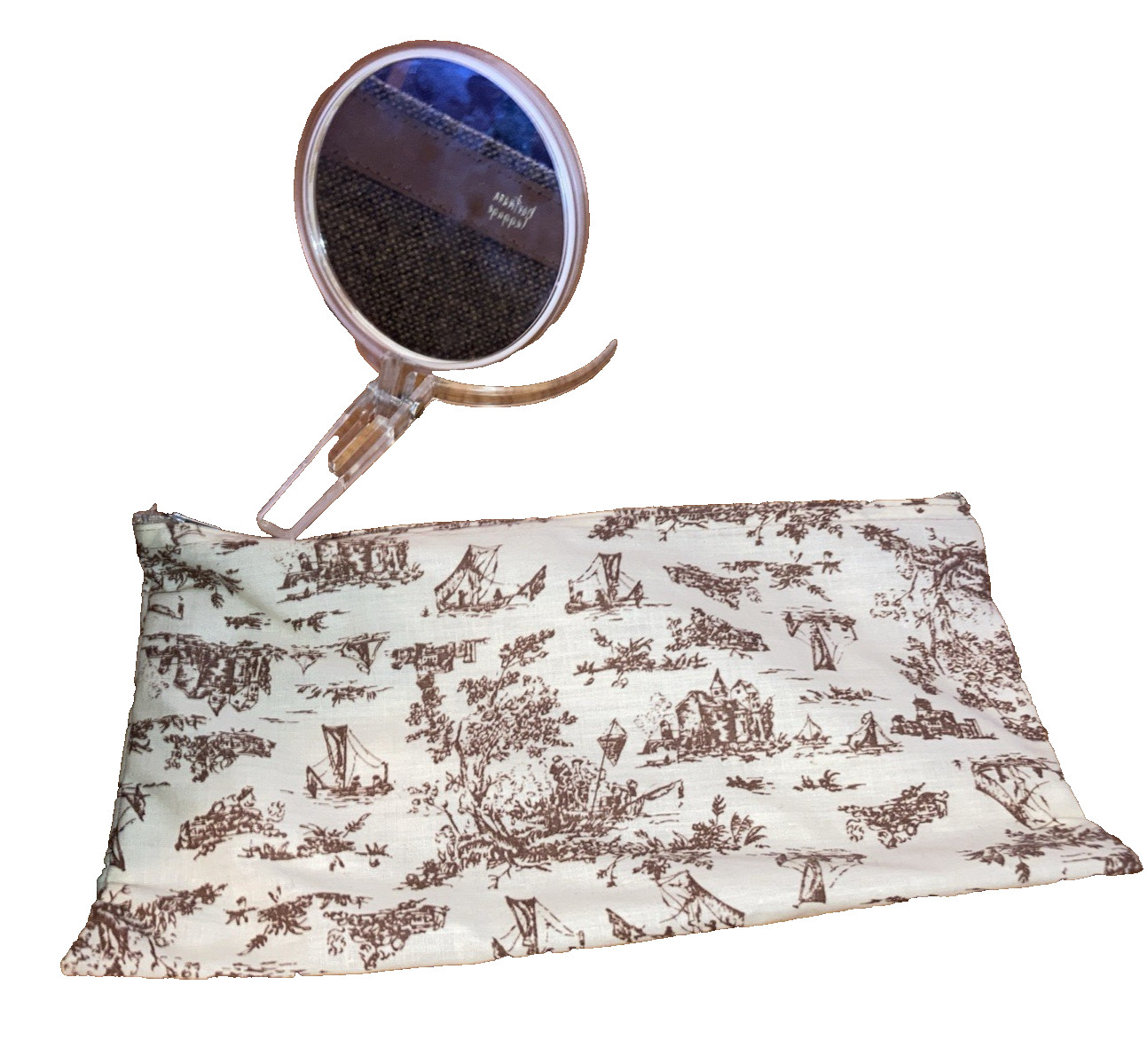 vintage Hartmann brown tweed & leather train / makeup case mirror ,toile fabric