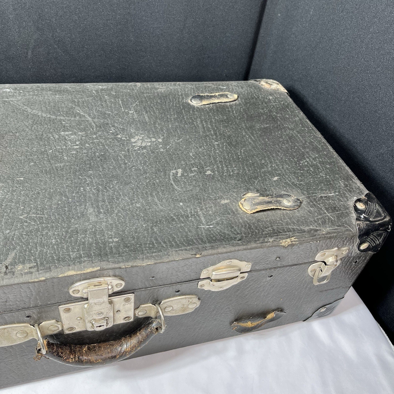 Black Cardboard Travel Suitcase Leather Handle Metal Corners Paper Inside 1930s