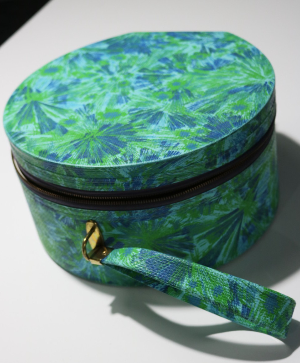 Vintage Travel Case Luggage Round Zippered Suitcase Hat Box Train Vinyl